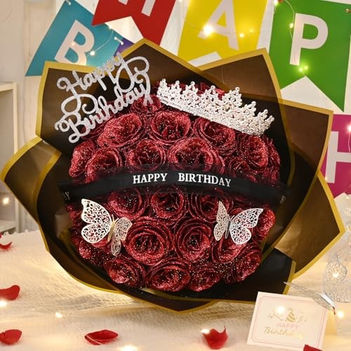 Glitter Roses Bouquet, Birthday Gifts for Women Mom, DIY Fake 36pcs Red