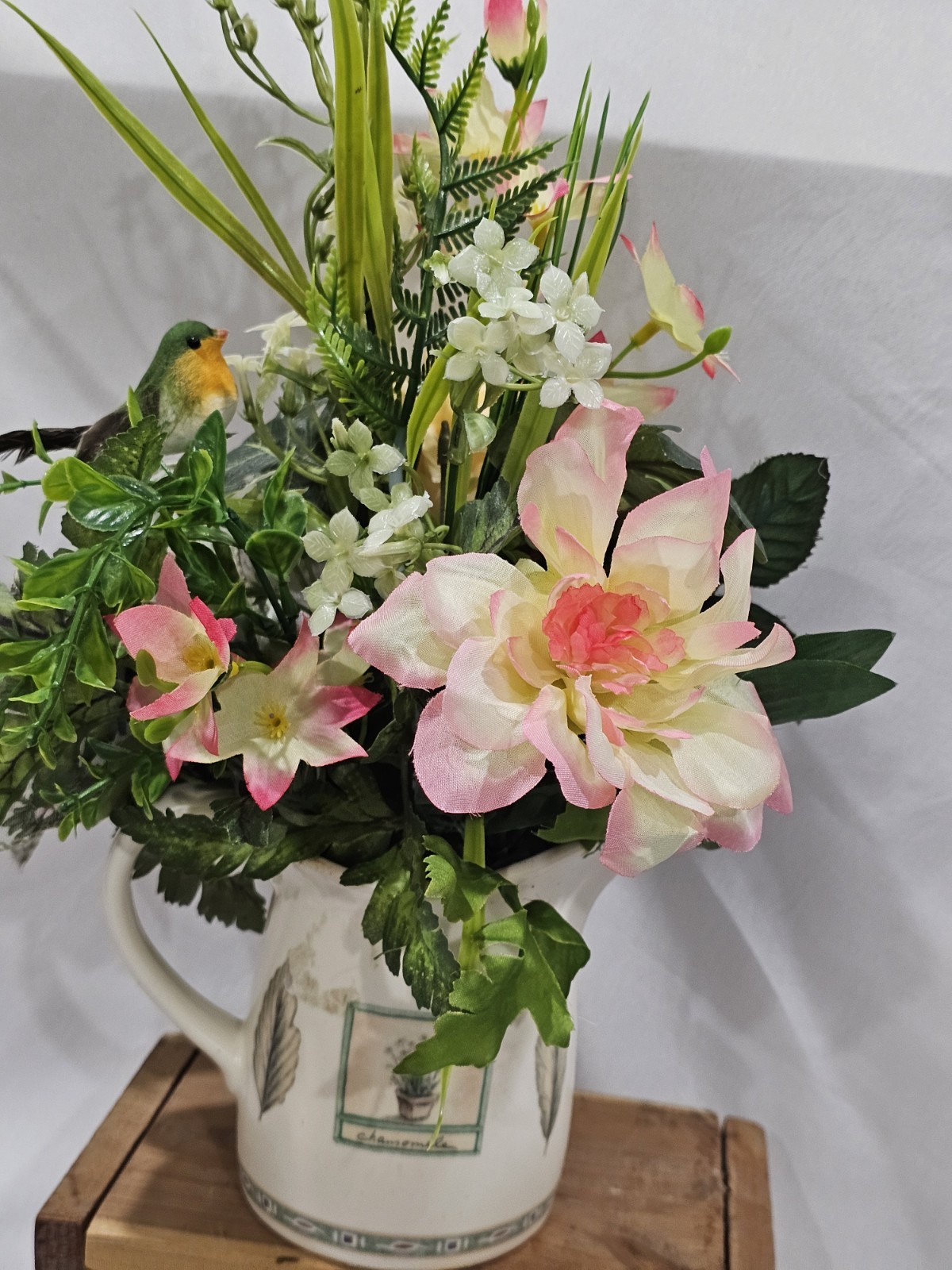 Artificial Flower Arrangement Soft Yellow Roses in a Homey Green & White vase