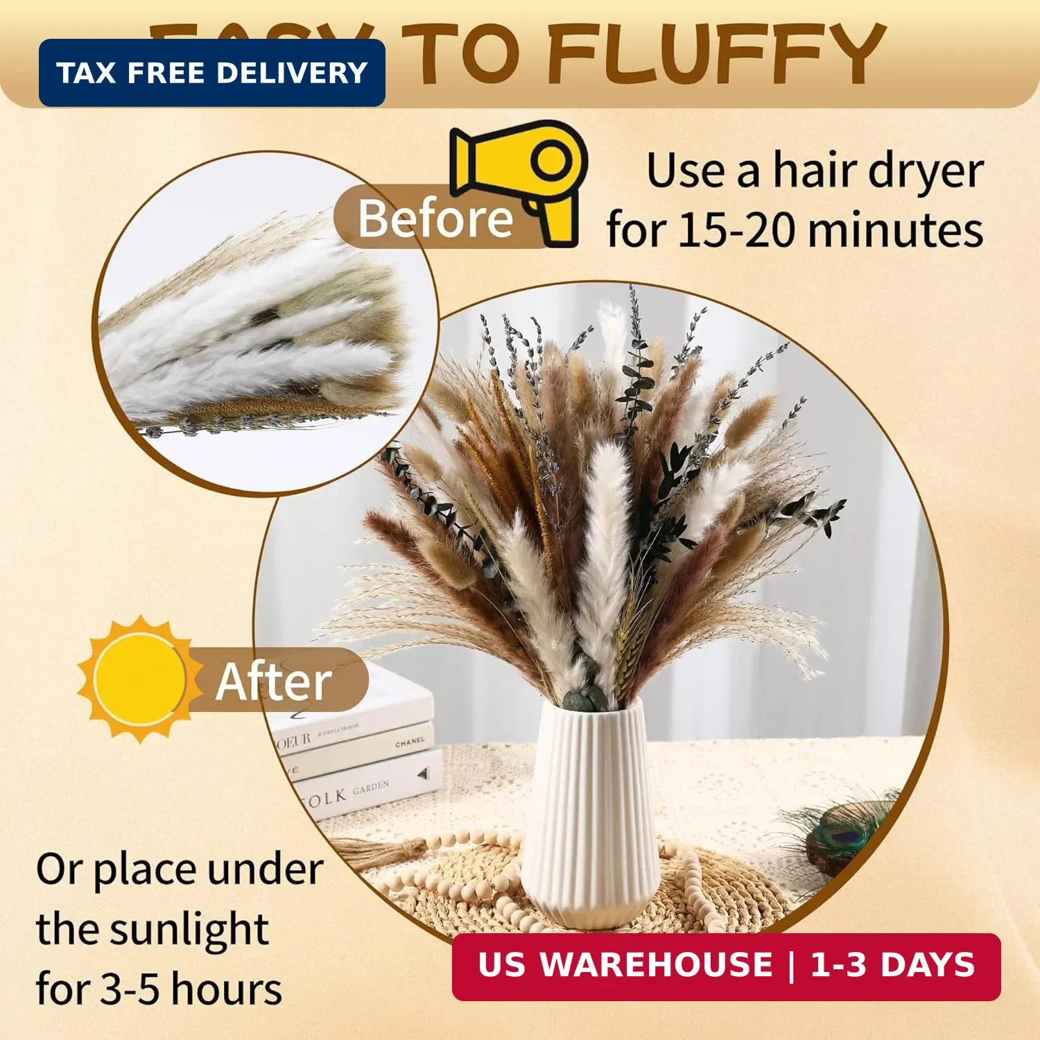 Bpole Dried Pampas Grass Bouquet – 92 Pcs 11-13 inch Pampas Grass Decor with Bun