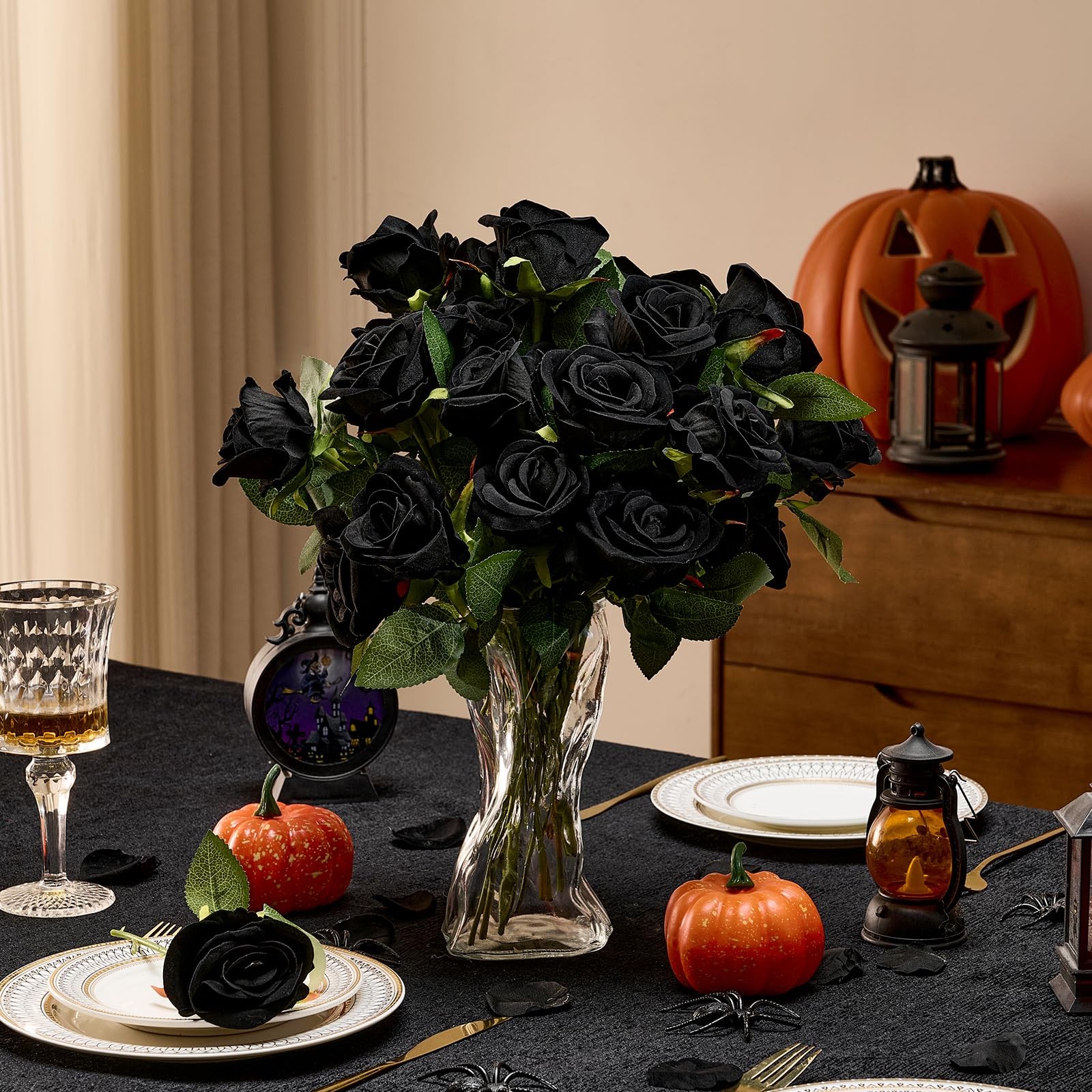 48 PCS Black Roses Velvet Realistic Artificial Flowers with Bendable Stems fo…