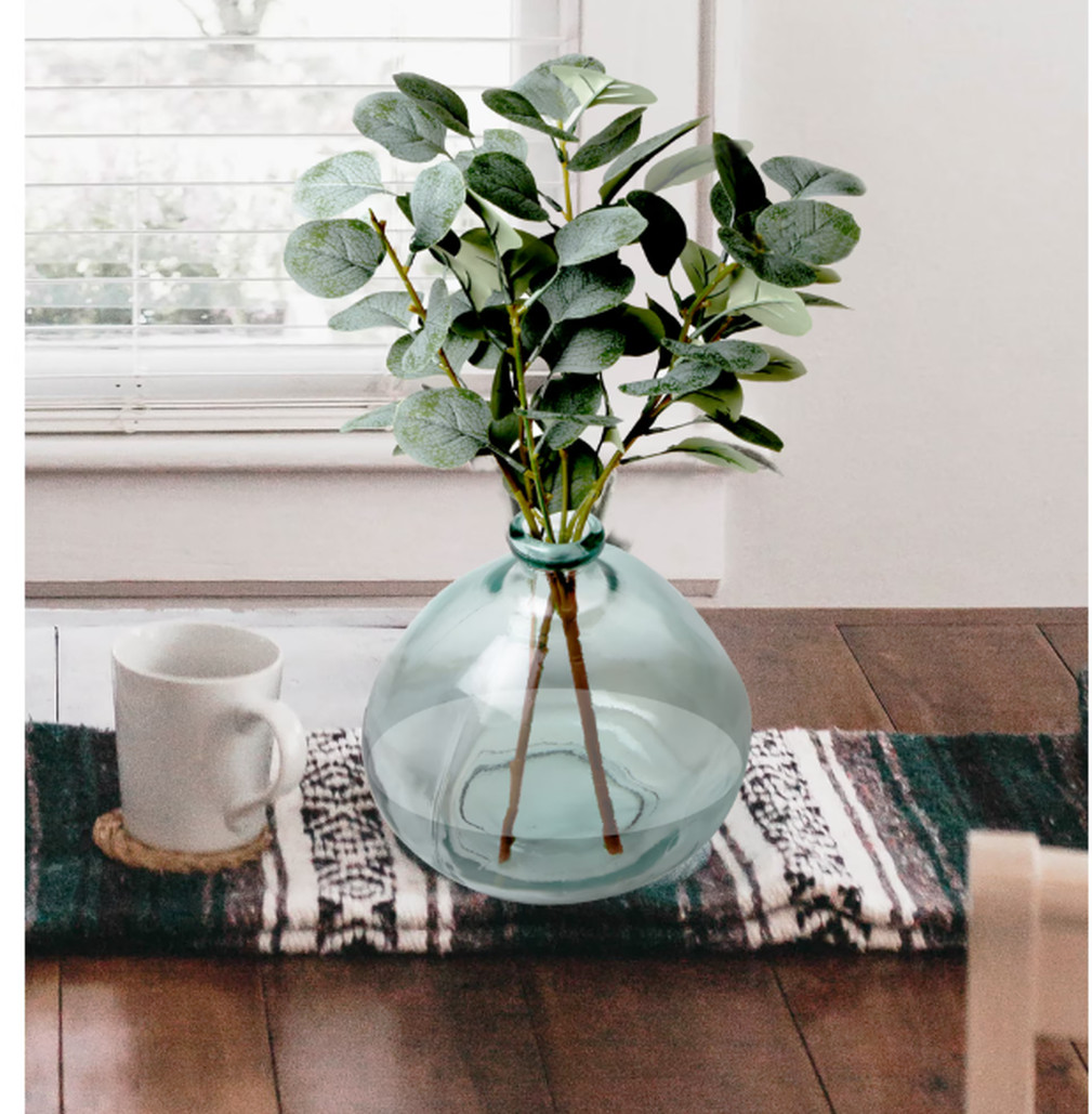 Better Homes & Gardens 12 Inch Artificial Green Eucalyptus in Blown Glass Vase