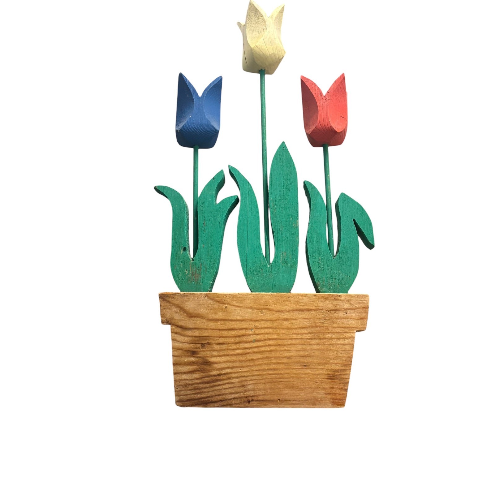Wooden Potted Tulip Flowers Red Blue Yellow Garden Decor Tabletop Accent