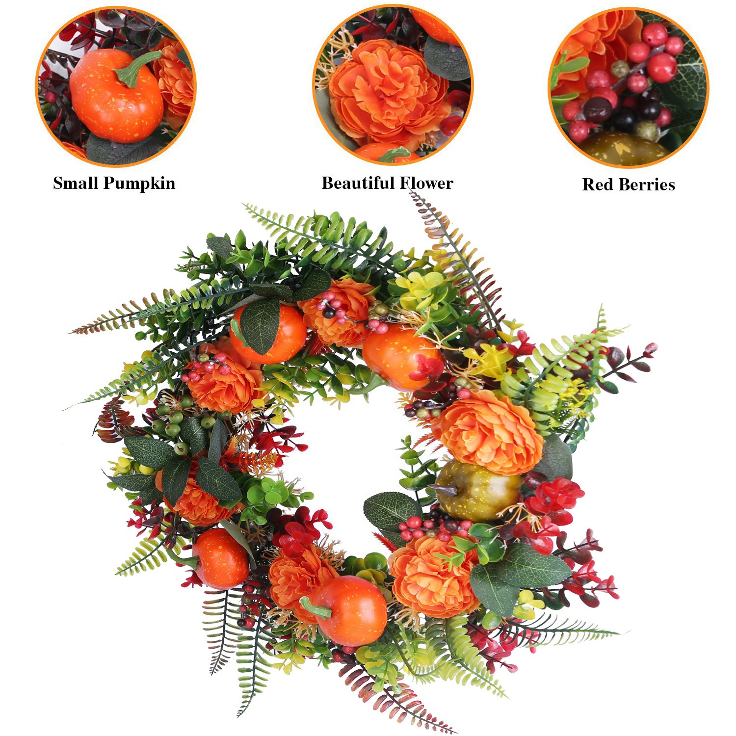 Decorative Autumn Wreath w/ Pumpkins &Flower in Beautiful Fall Color for Outdoor