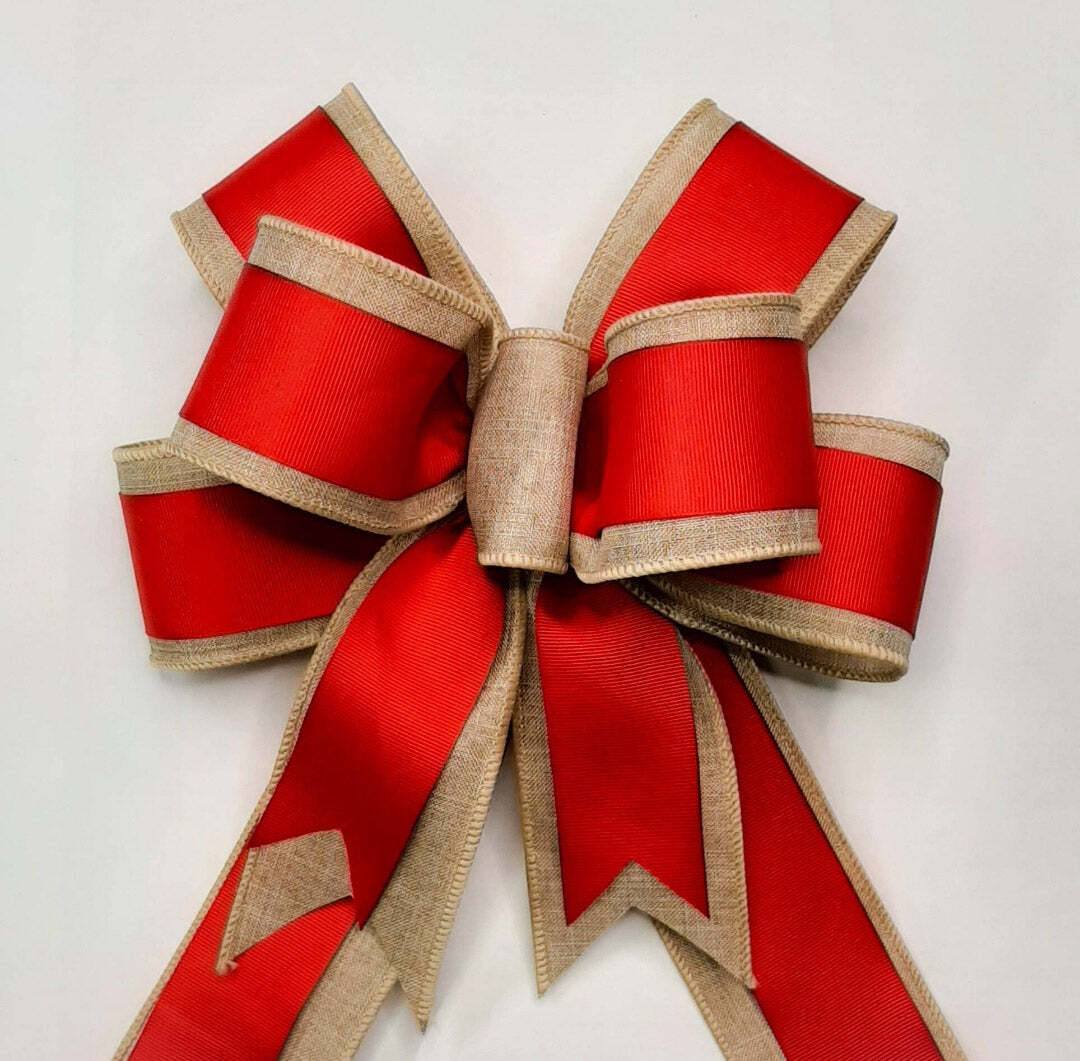 Wreath Bow, Ruby Red Grosgrain and Beige Linen