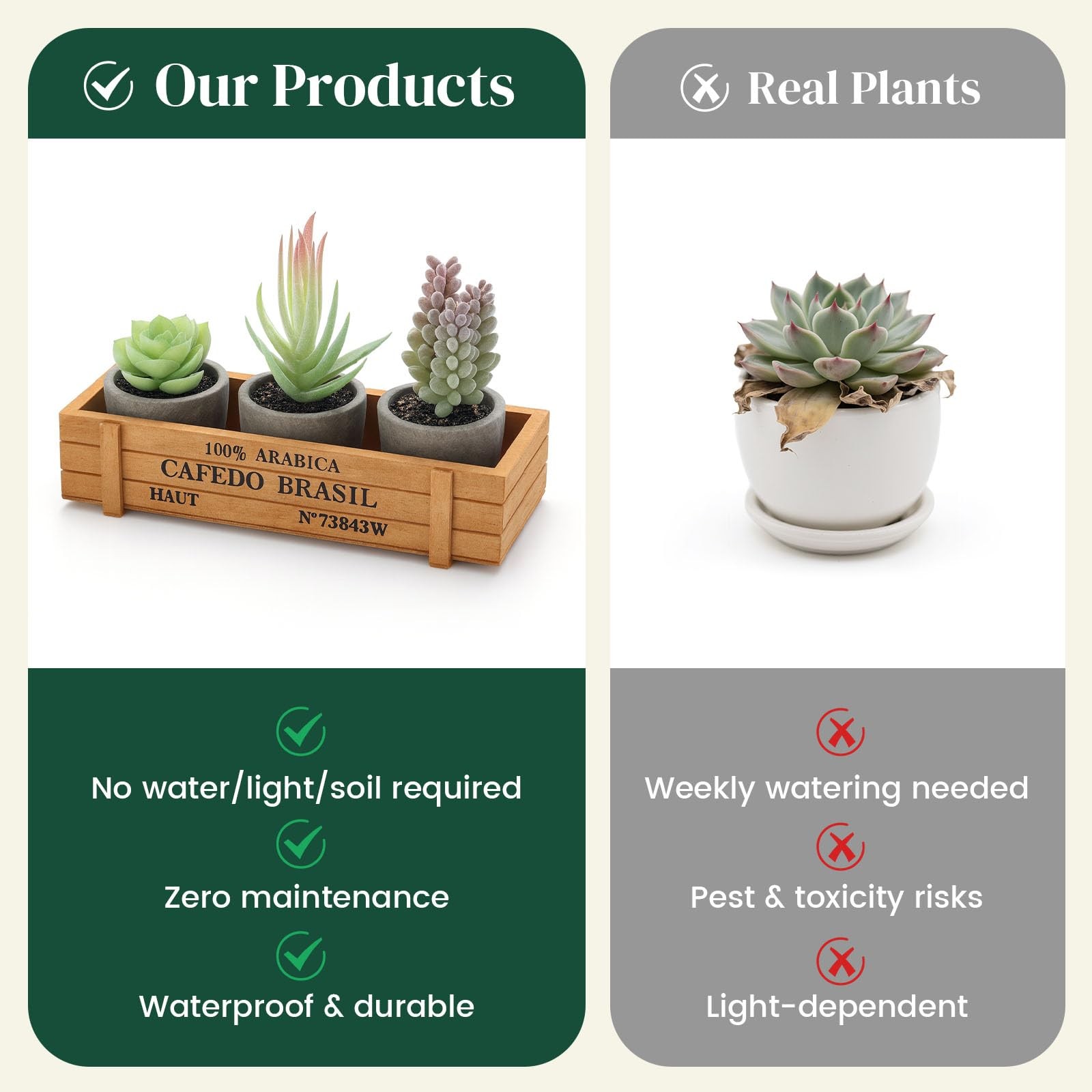 3 PCS Mini Potted Artificial Succulent Faux Plants With Wood Planter Box