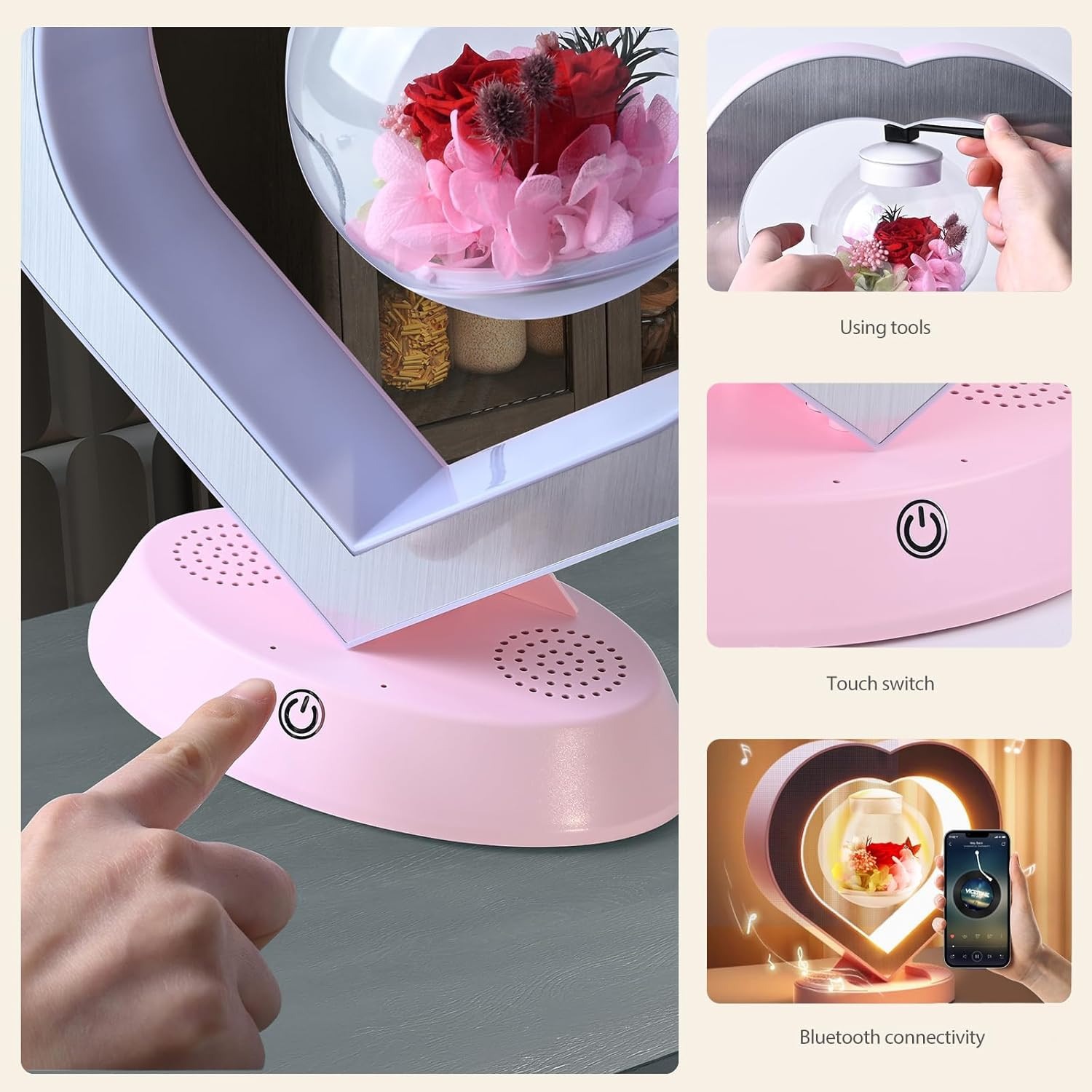Heart Preserved Rose Flowers with Bluetooth Speakers, 5W Pink Magnetic Levitatio