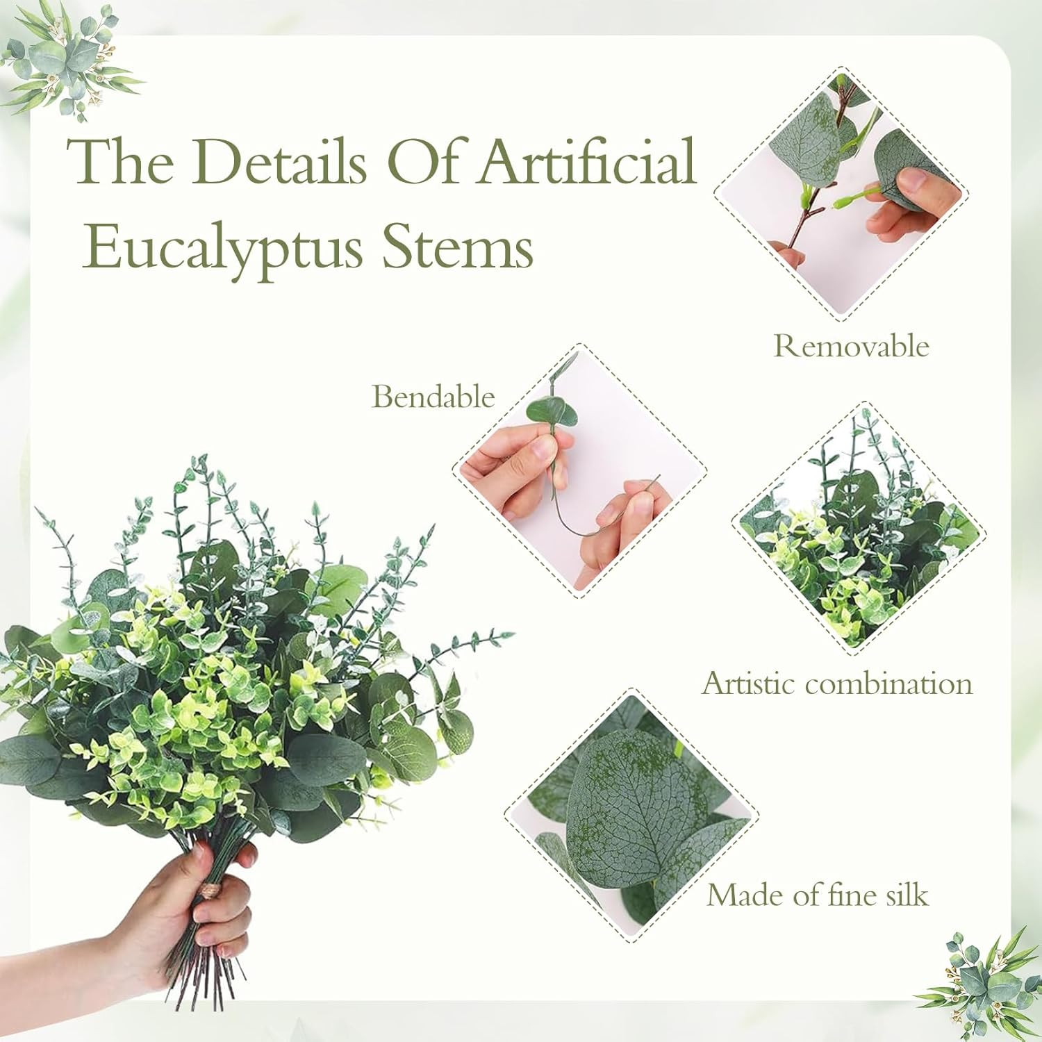 Eucalyptus Leaves Stems 200 PCS, 6 Kinds Mixed Greenery Bulk, Faux Silver Dollar