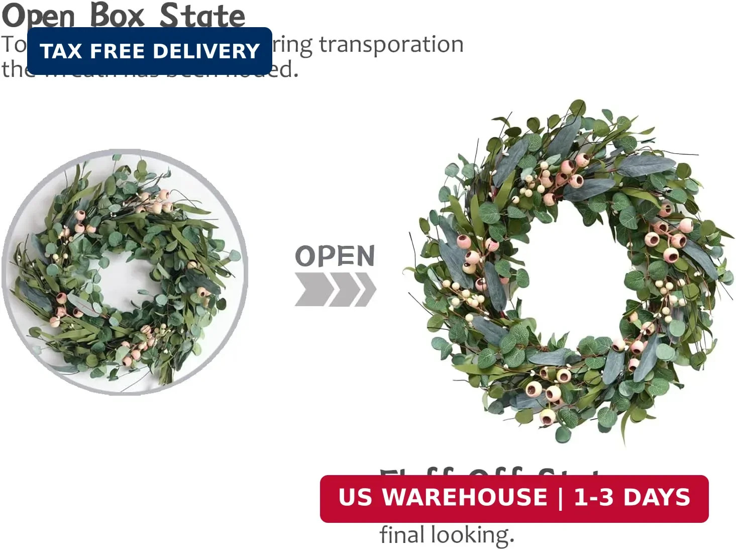 Large Green Eucalyptus Wreath (20 inches), Artificial with White Berries