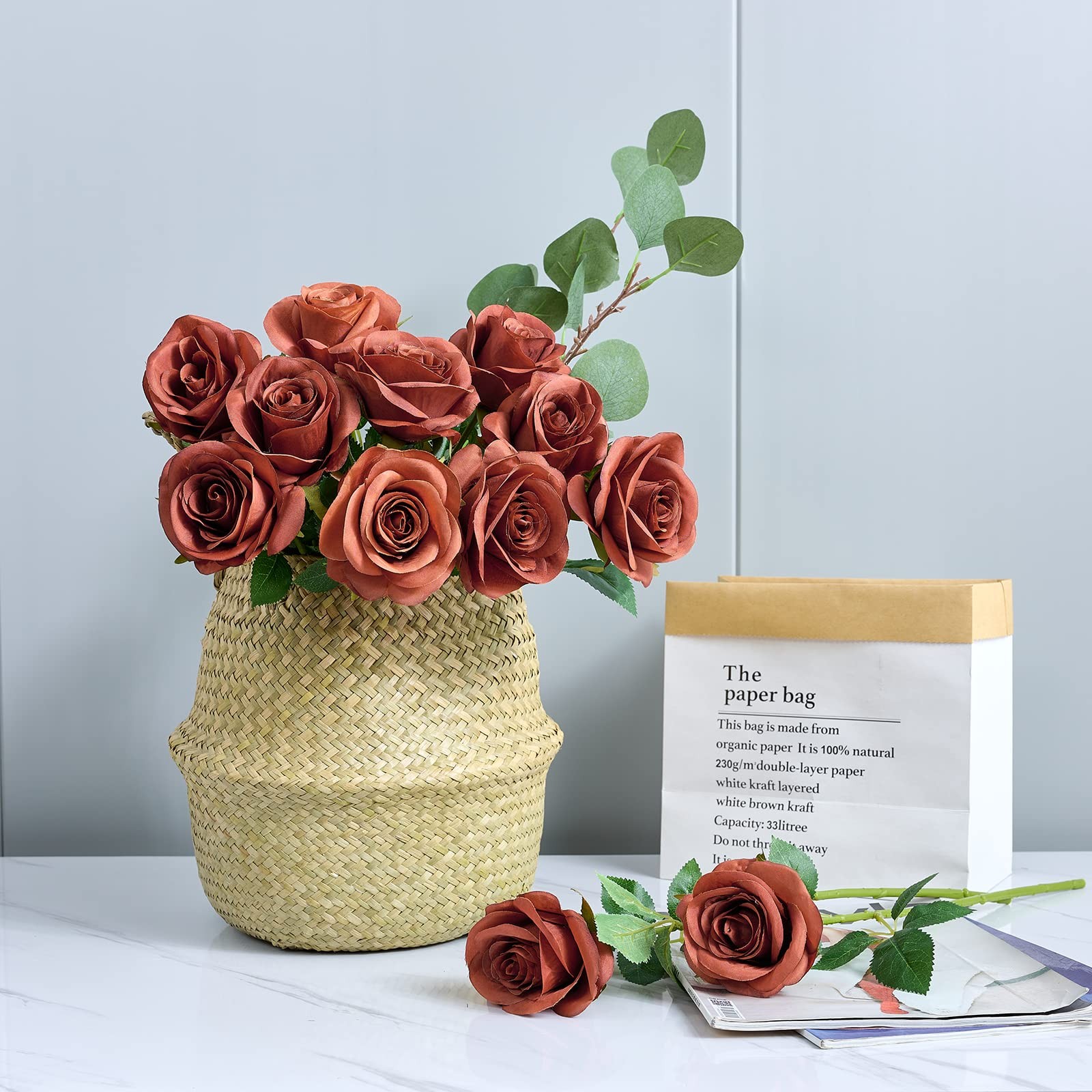 12pcs Rust Orange Rose Artificial Flowers Faux Roses Silk Roses Orange Silk F…