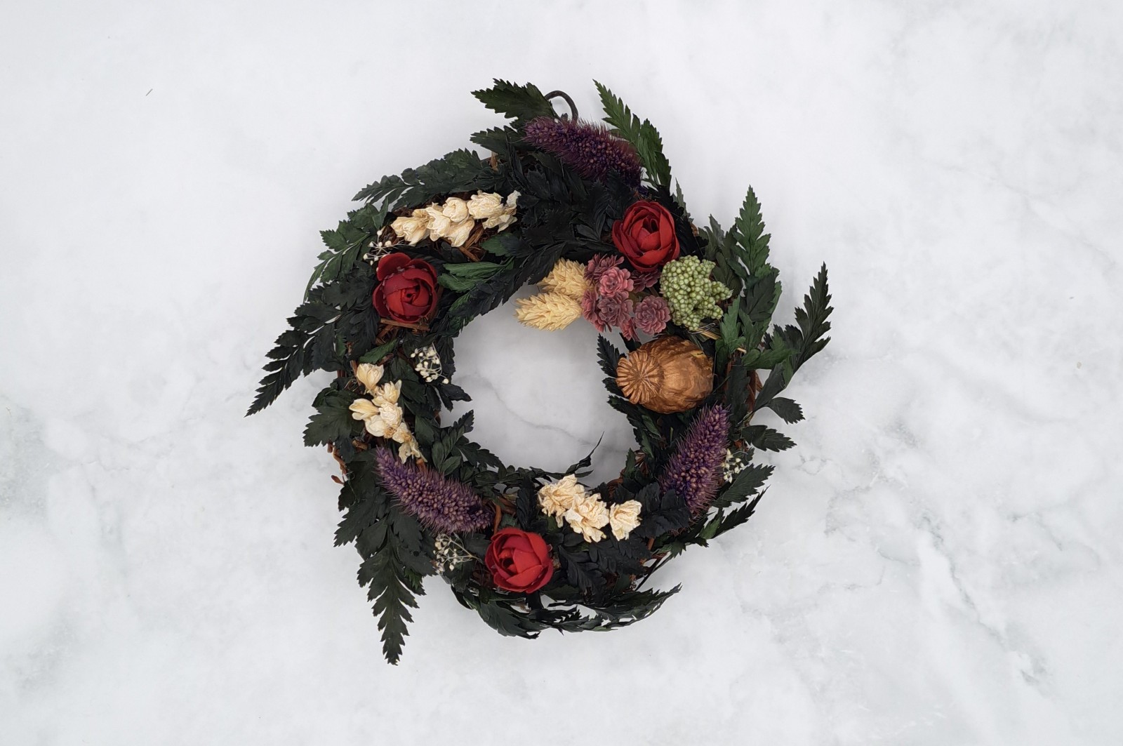 Handmade Leather Leaf Fern Grapevine Wreath Dried & Silk Flower Arrangement
