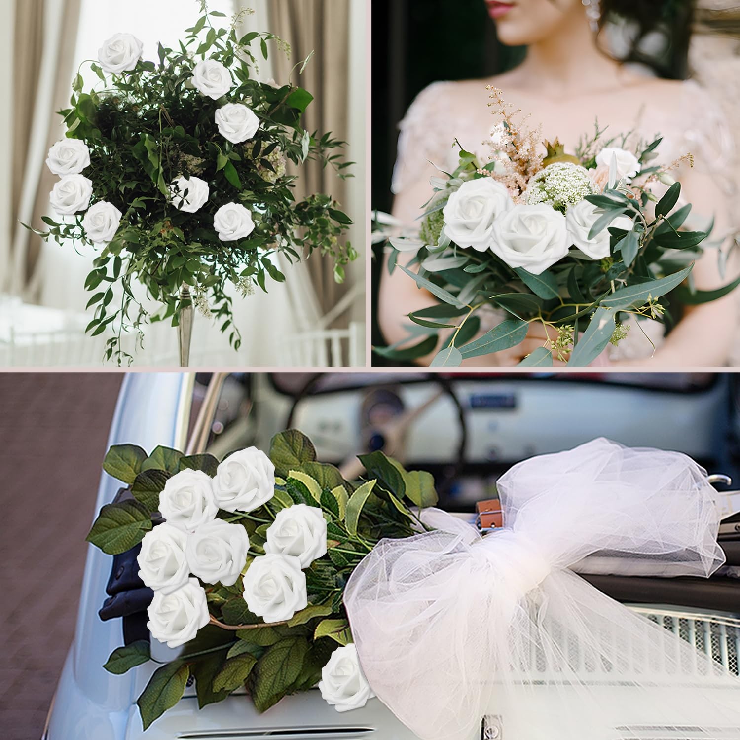 100 PCS Artificial White Roses Real Looking Foam Fake Flower Leaves Heads