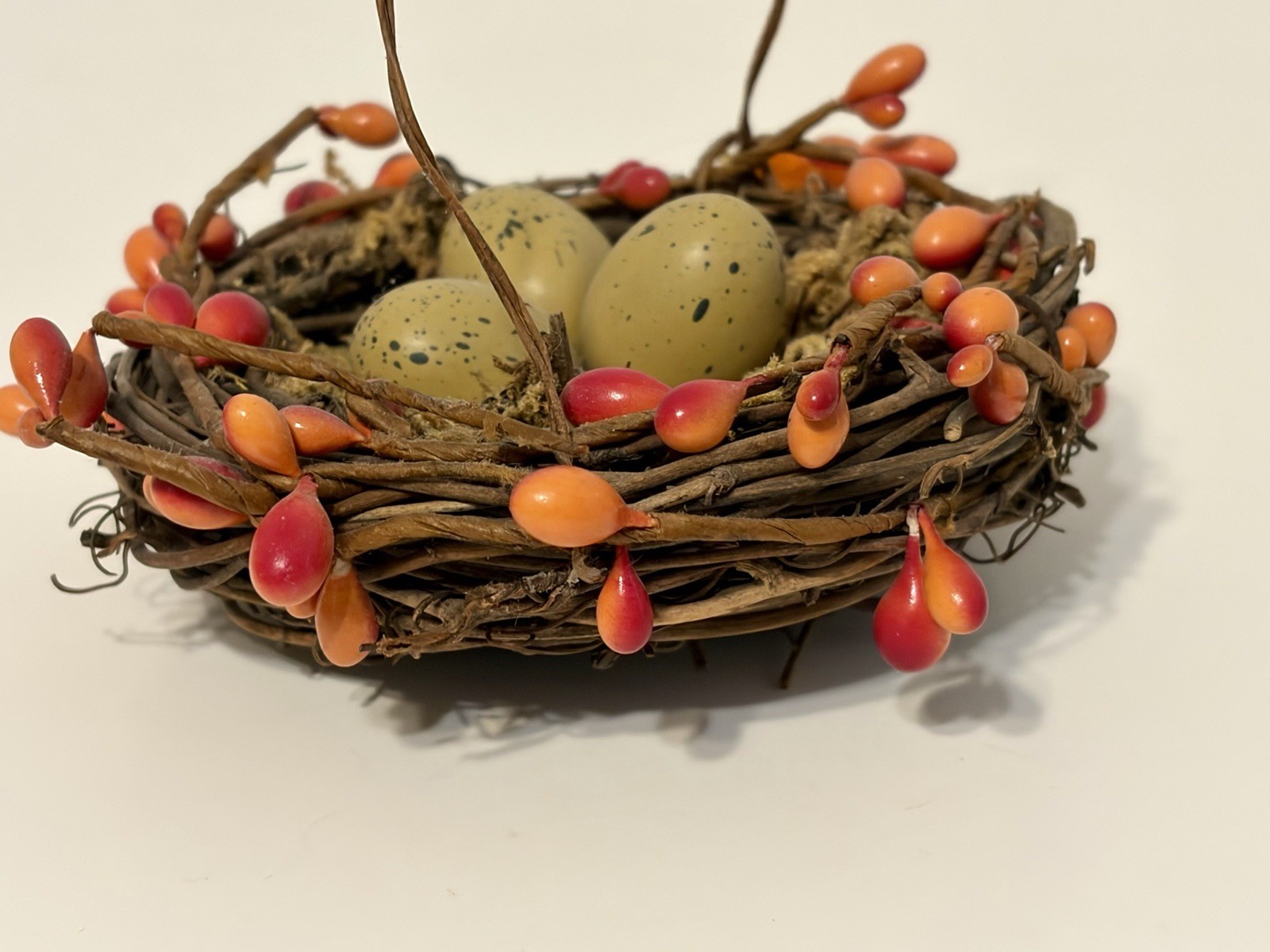 twig bird nest basket featuring faux eggs, , and moss Easter Decor Eggs Nest Vtg