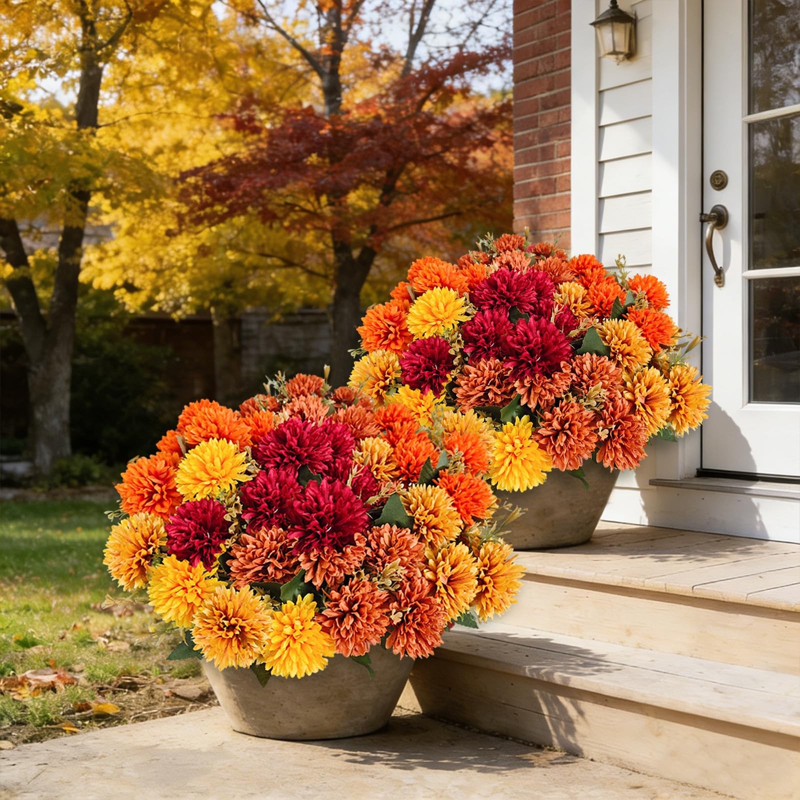 10Pcs Fake Flowers Artificial Mums for Outdoors,UV Resistant Faux Mums for Ou…