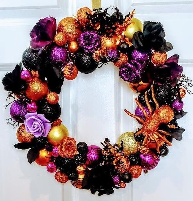 Halloween Ornament Wreath Large 18″ Handmade Front Door Glittered Rose Decor