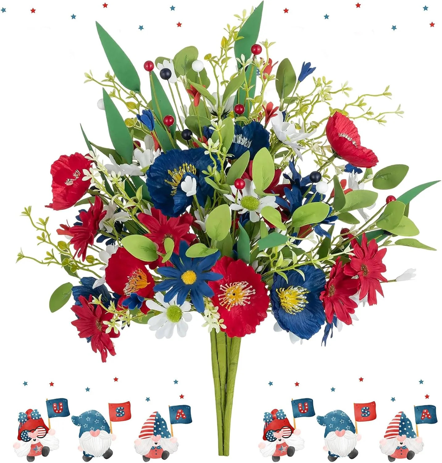 BLOSMON Red White and Blue Flowers: 4 Bundles Fake Flowers 4th of July Patriotic