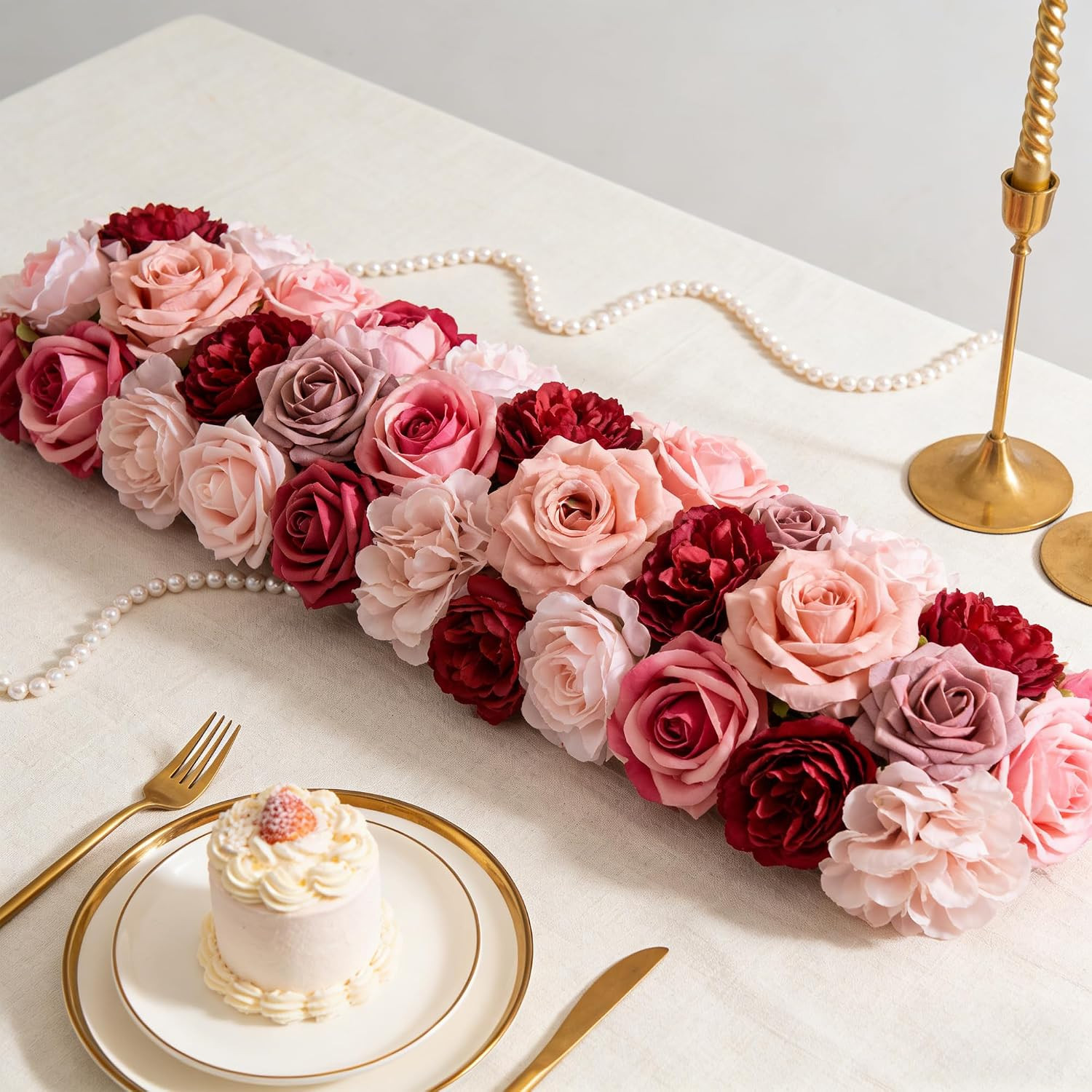 Red Artificial Silk Flowers Combo with Pompom, Roses & Red Stems for DIY Wedding