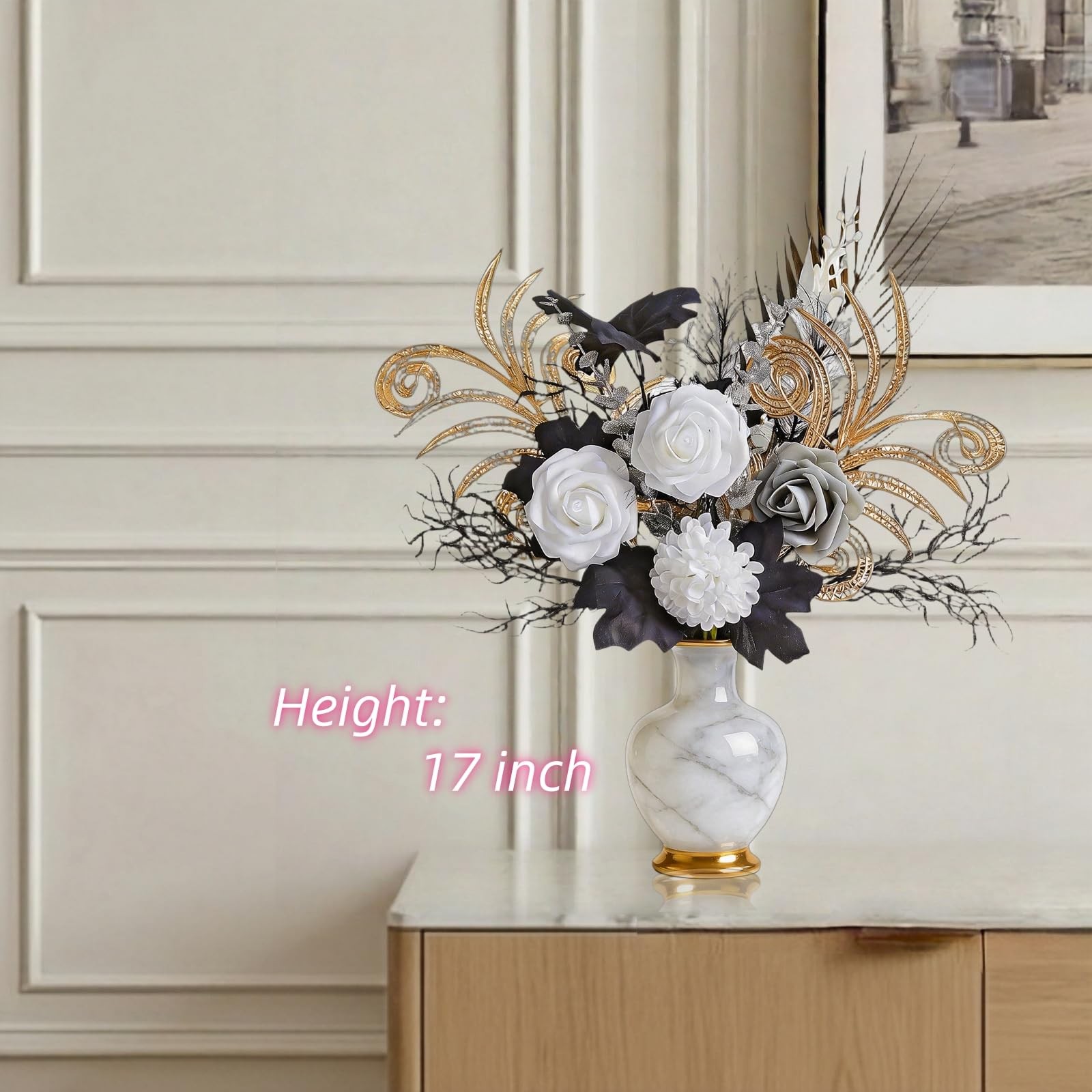 Metallic Black Gold Artificial Flowers 14 PCS Silk Rose Bouquet Gothic 17 Inch