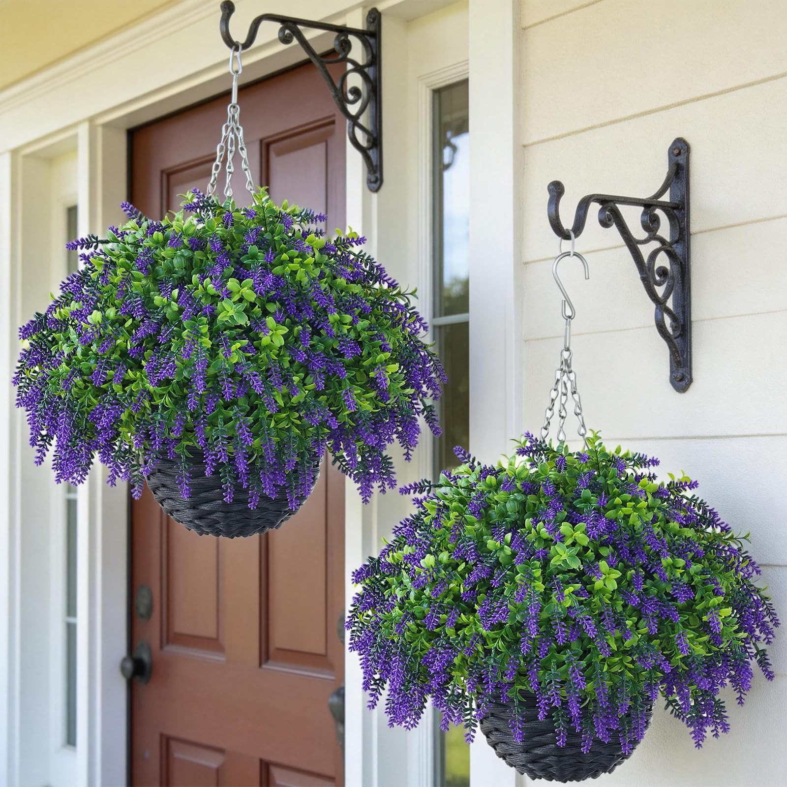 Artificial Lavender and Boxwood Hanging Basket – 2 Set for Outdoor Decoration…