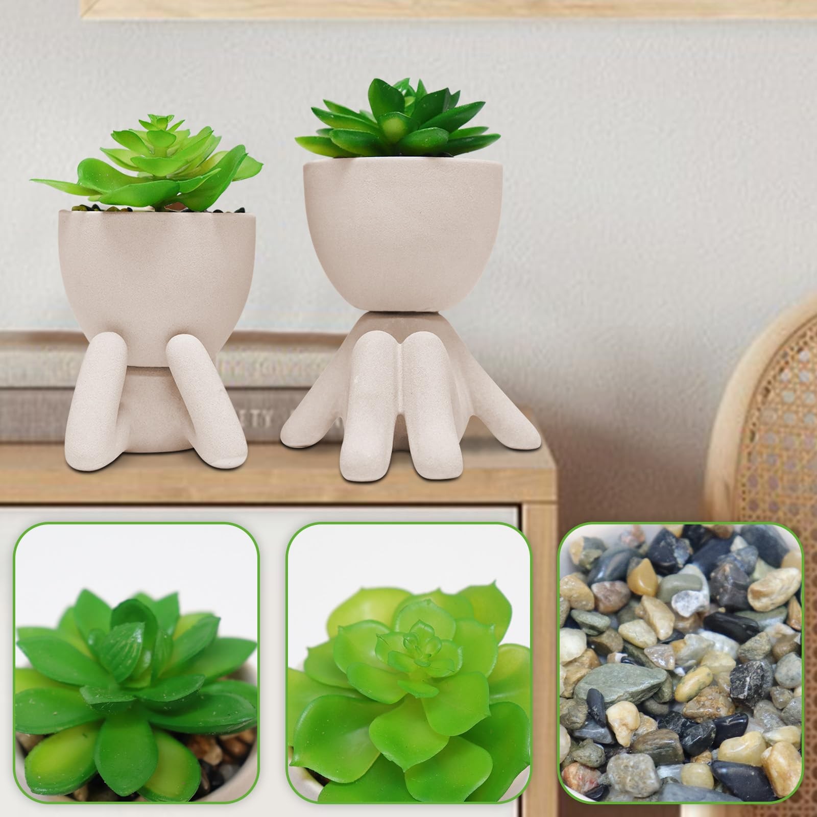 2PCS Cute Artificial Succulent Plants with Creative Human Shaped Pots, Desk D…