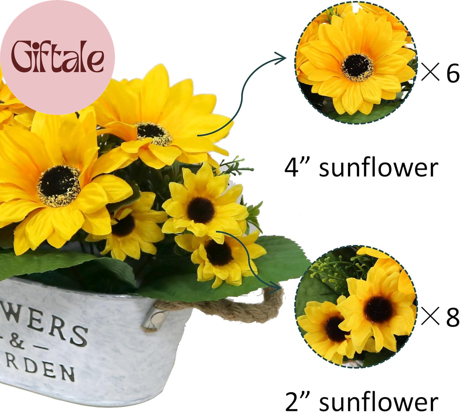 Artificial Flowers in Pot 8″ Tall Faux Silk Sunflowers with Metal Planter, Fake