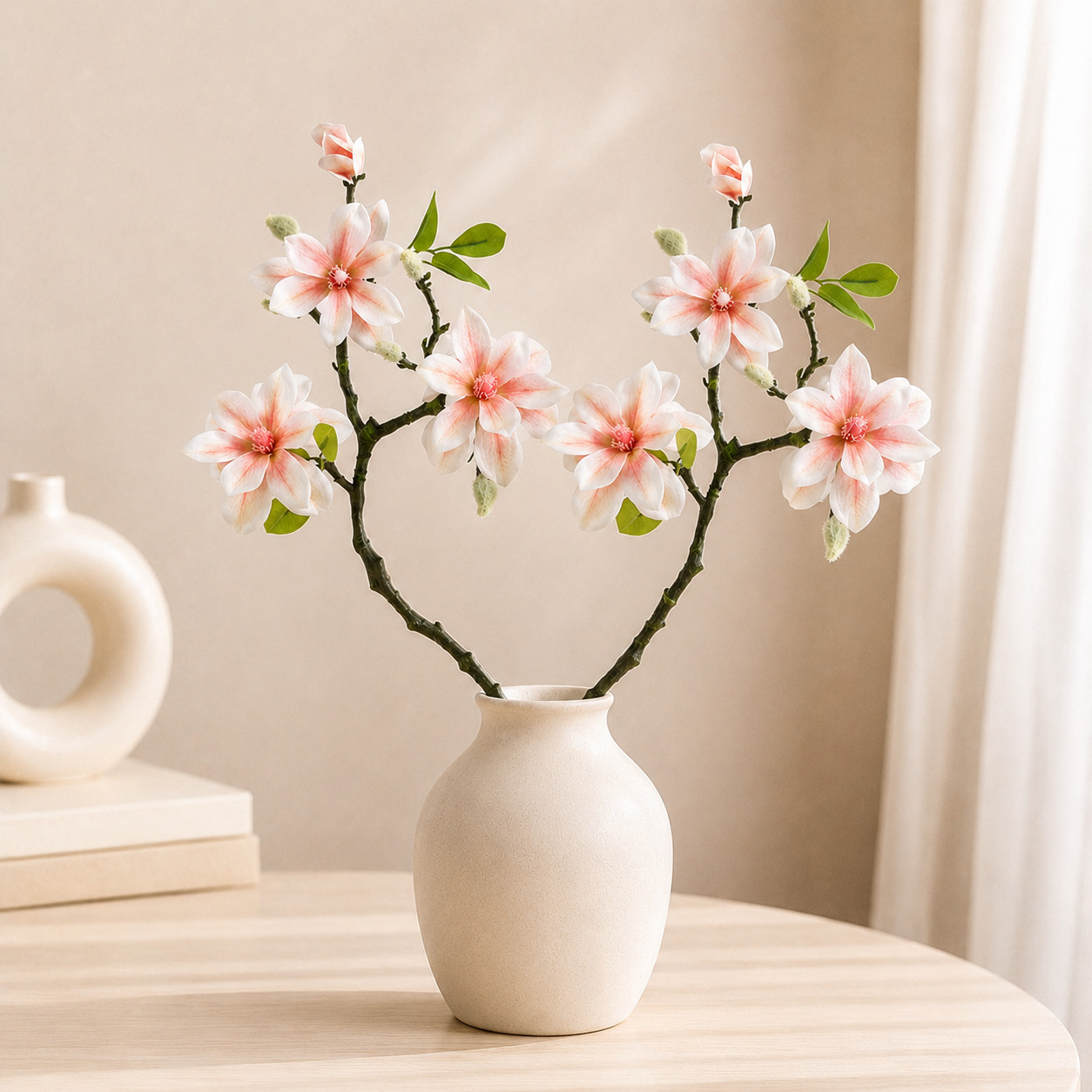 Set of 2 Artificial Magnolia Flower Stems Blush Pink Faux Floral Branches Home D
