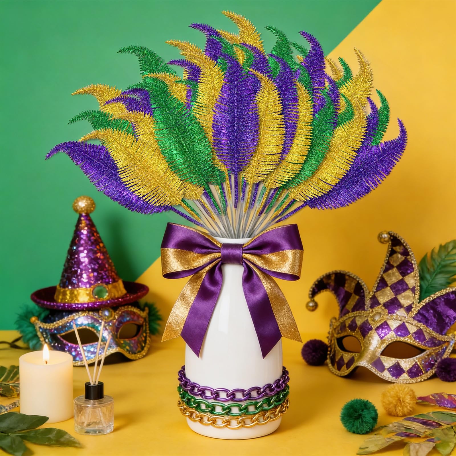 Mardi Gras Feathers Leaves Decorations Green Gold Purple Glitter Picks Bulk f…