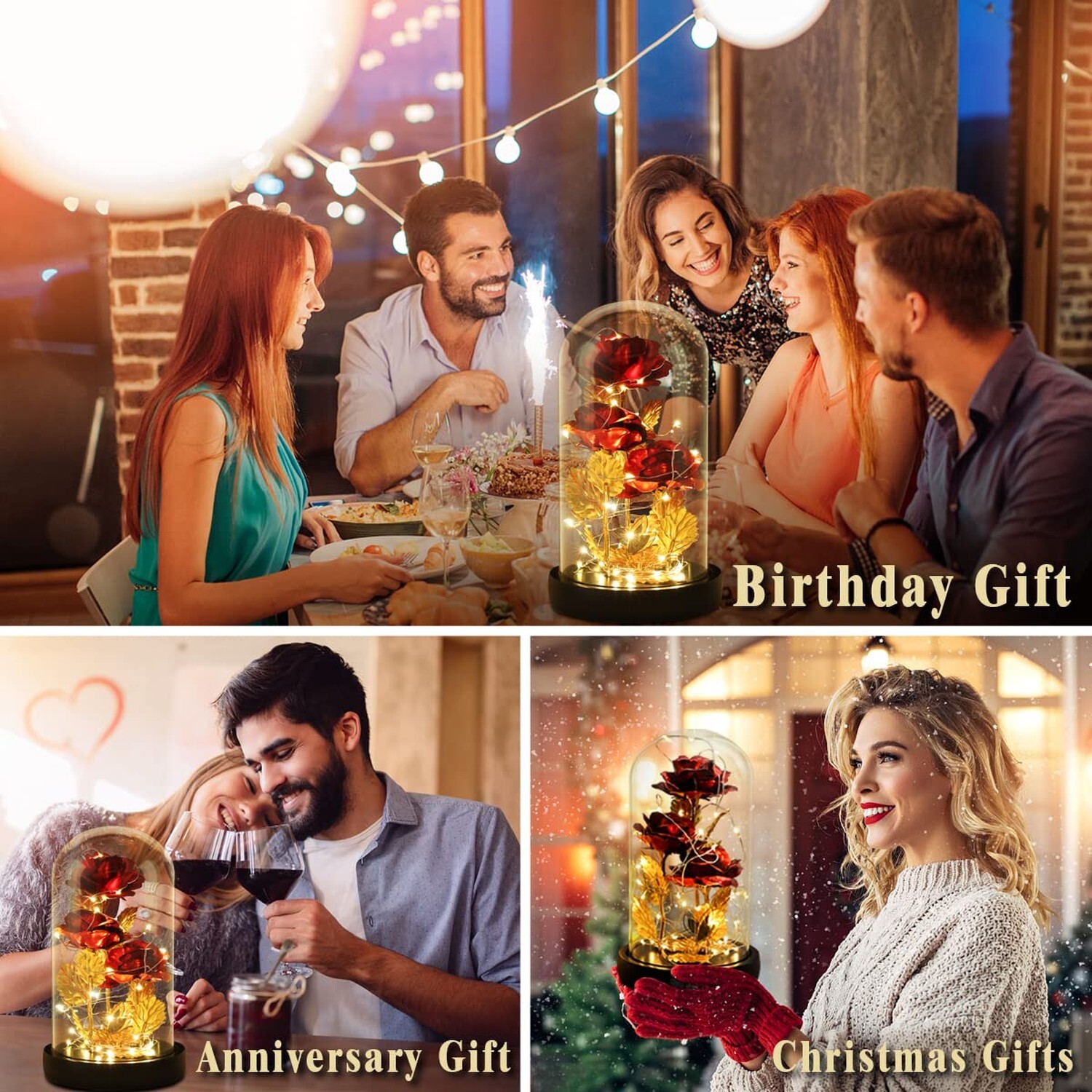 Birthday Gifts for Women, Beauty and The Beast Rose 24K Red Rose in Glass Dom…