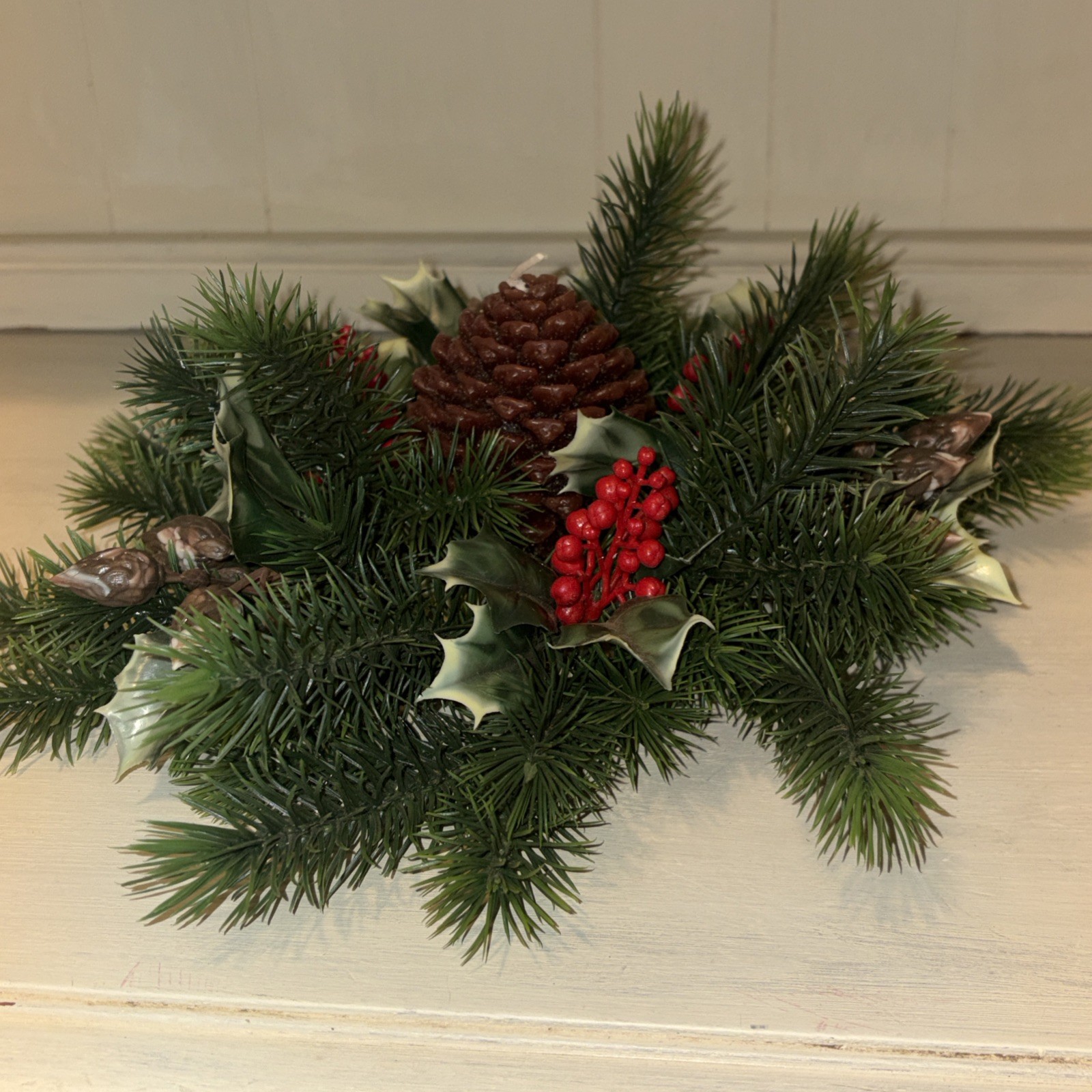 12 ” HOLLY &PINE CANDLE RING center 4.5 opening0 HOLIDAY DECOR