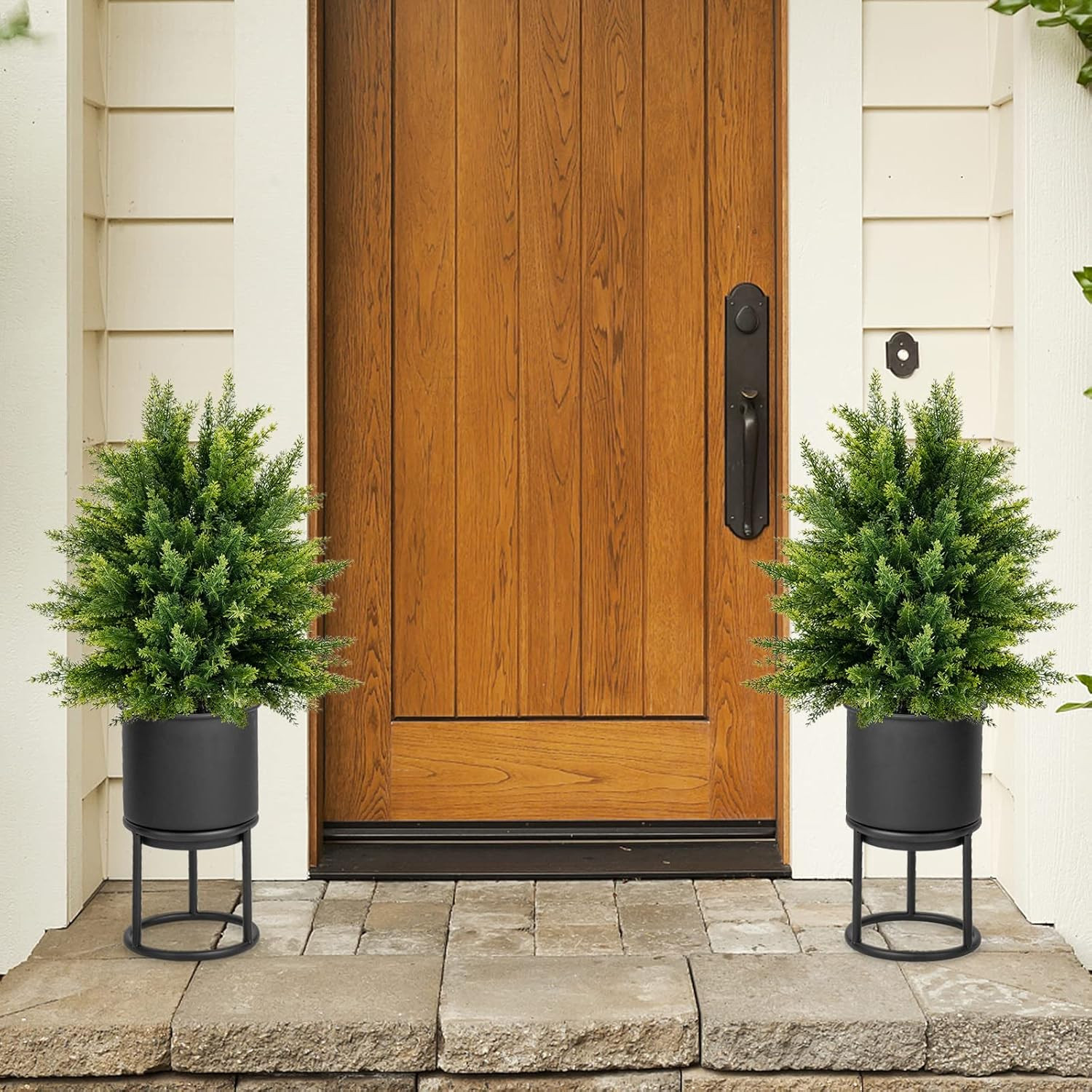 Set of 2 Faux Cedar Topiary Ball Trees in Cement Pots for Home Decor