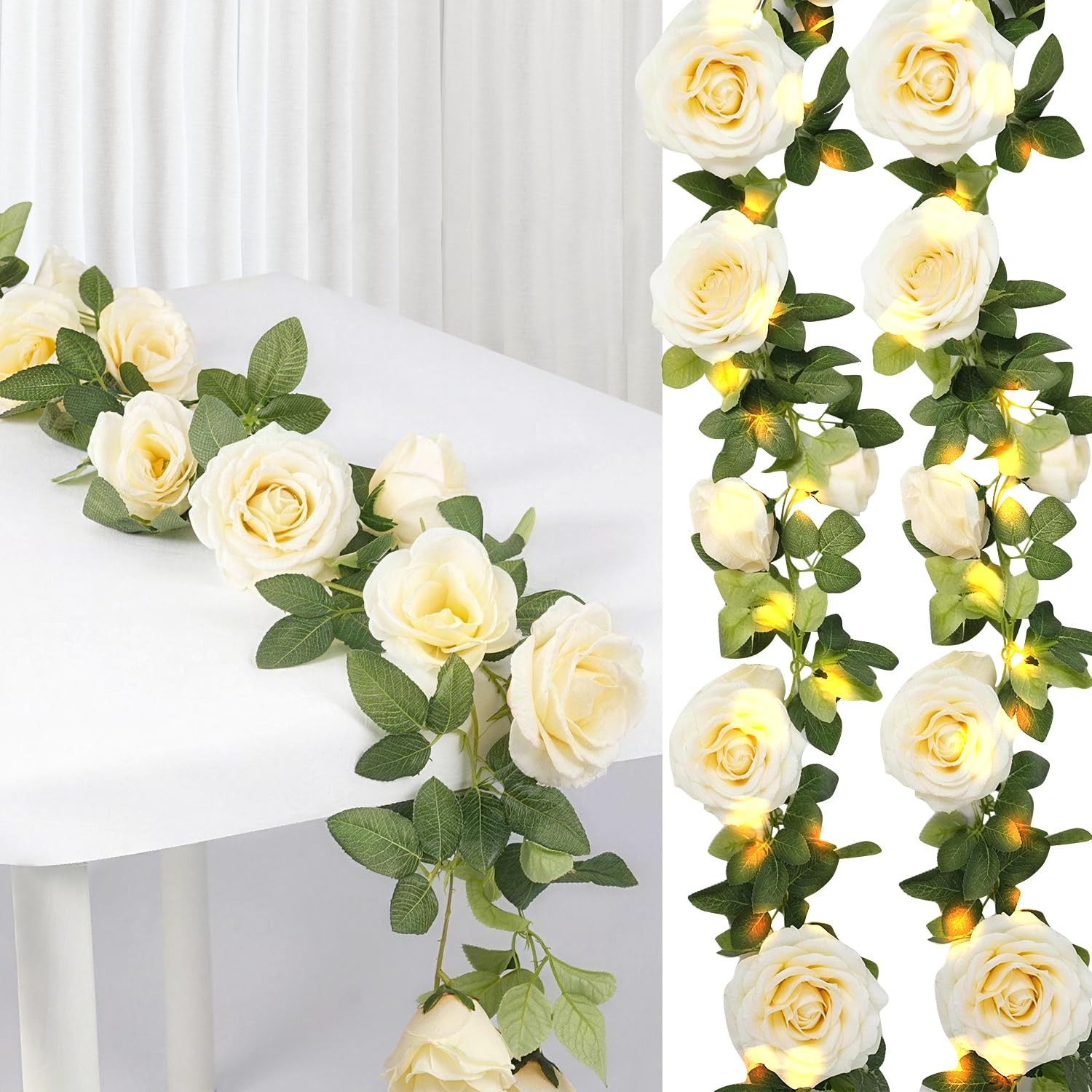 Flower Garland with Lights, 2 Packs 7FT White Floral Rose Flower Eucalyptus G…