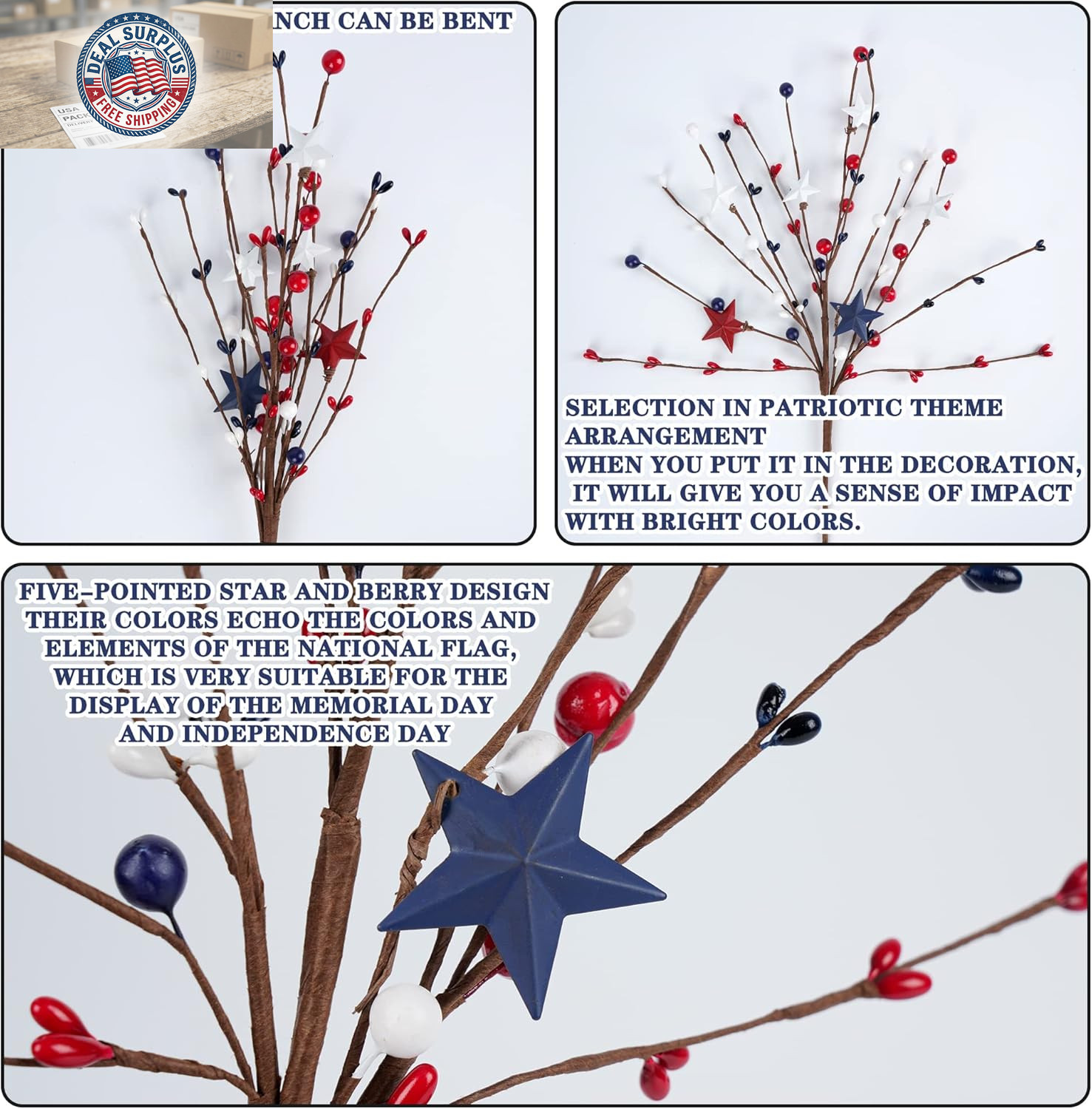 4 Pack Patriotic Artificial Berry Stem Picks White Blue Red Stars for 4Th of Jul
