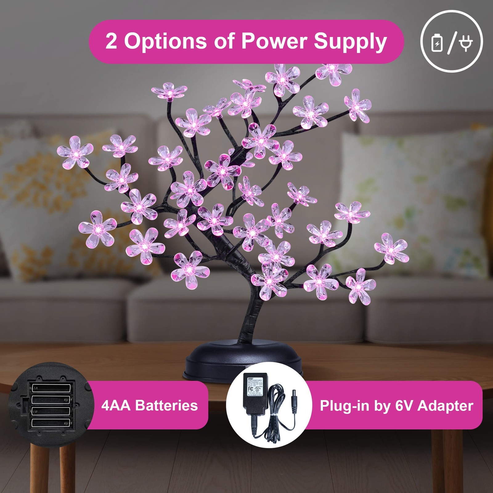 18-inch Crystal Flower LED Bonsai Tree, Pink Light, 36 LED Lights, Battery Po…