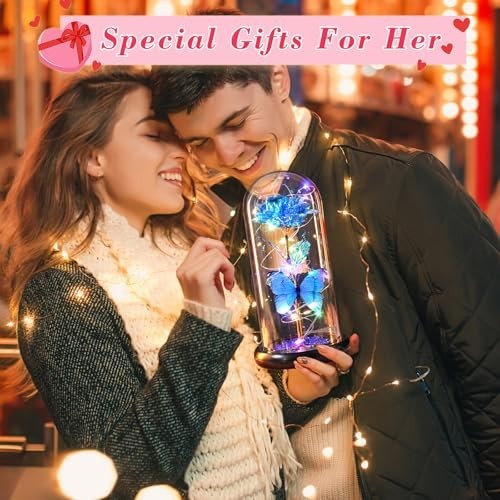 Eternal Blue Rose in Glass Dome with Butterfly – Valentine’s Day Gifts for Her,