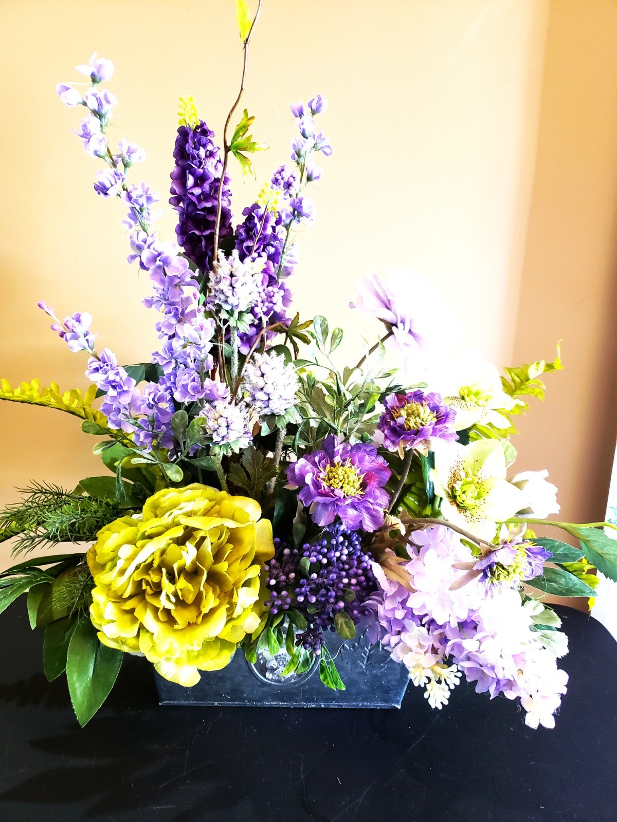 Purple & Lavender Lilac Arrangement in Oblong Silver Container – Peony, Scabiosa