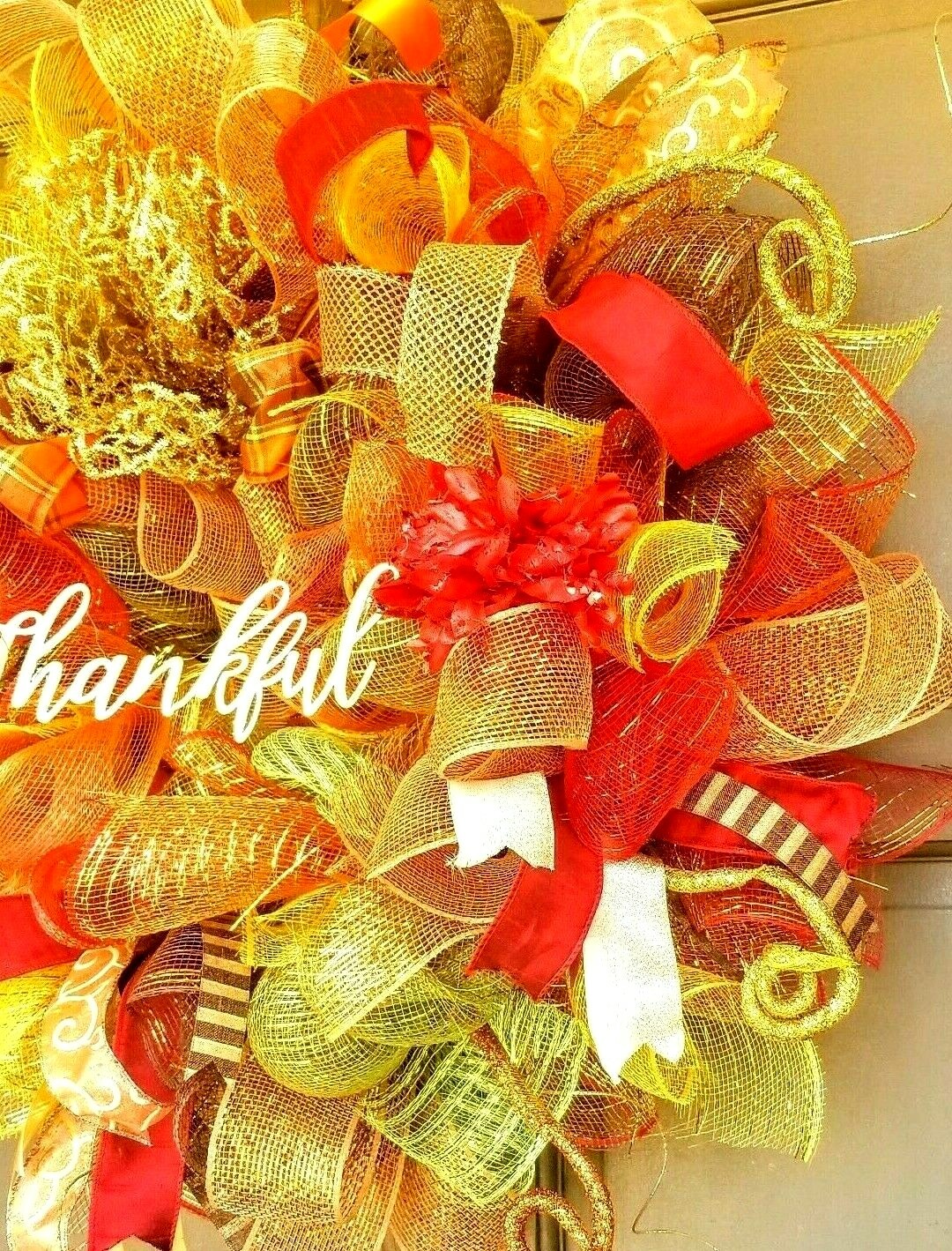 Large 24″ Handmade Fall Autumn Welcome Wreath Gold Deco Mesh Front Door Decor