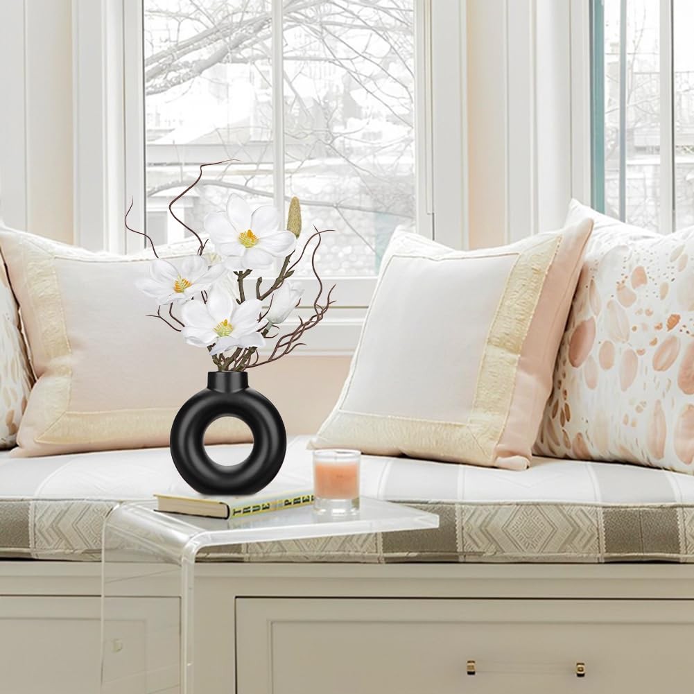 2 PCS White Magnolia Artificial Flowers In Black Vase Faux Floral Centerpiece