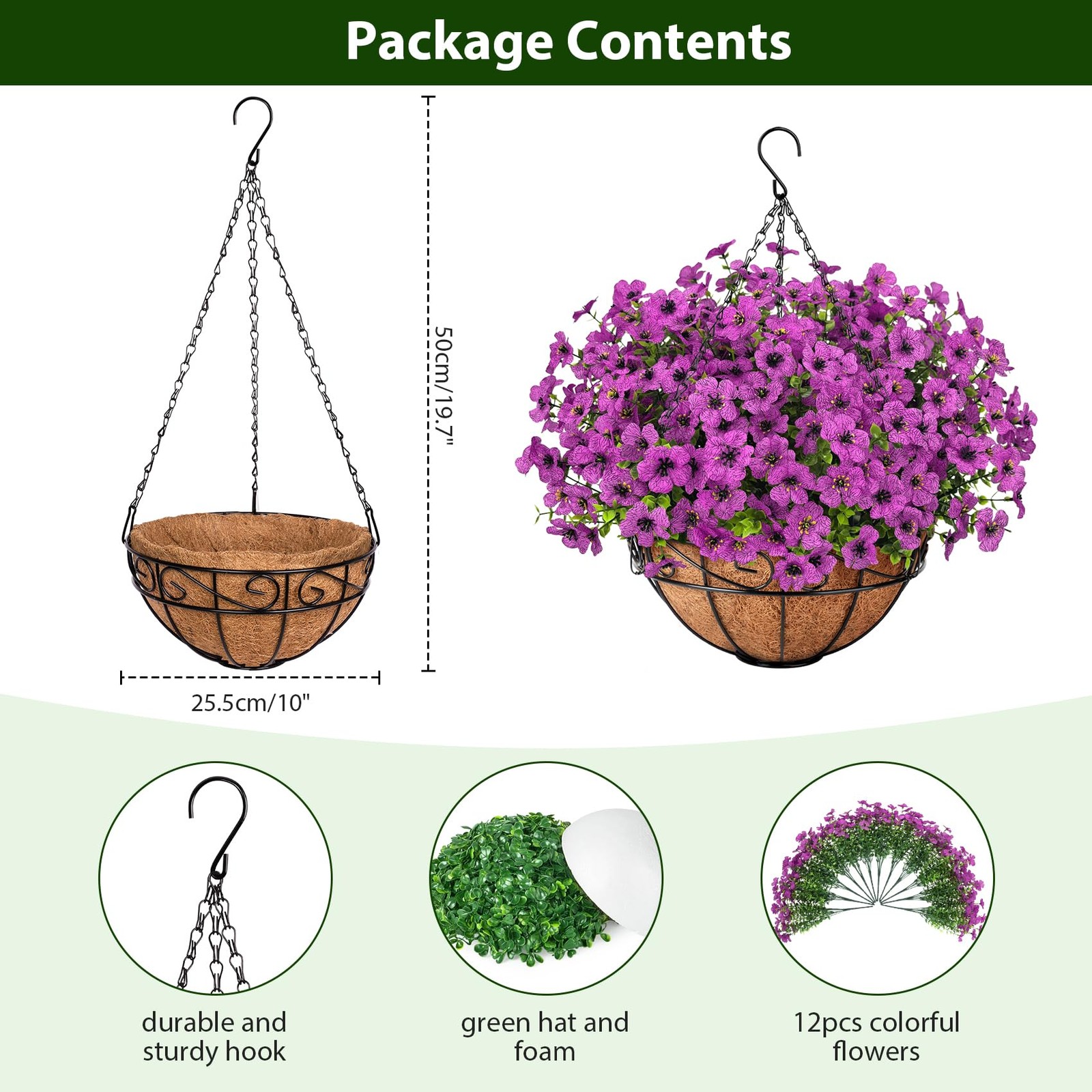 Artificial Hanging Flowers with Hanging Basket for Front Porch Patio Garden