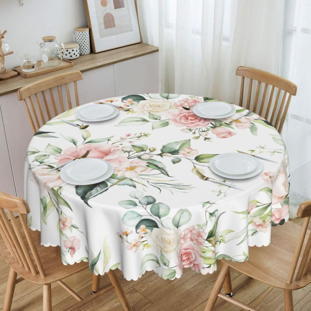 Eucalyptus Leaves Floral Table Cloths, Rustic Watercolor Pink Flower Leaves Sage