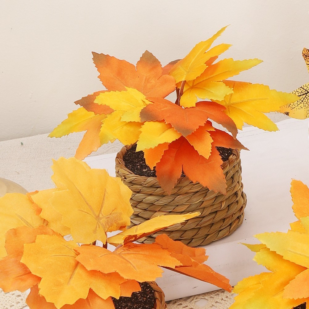 Lightweight Artificial Maple Leaf Decor in Handwoven Grass Pot for Easy Storage