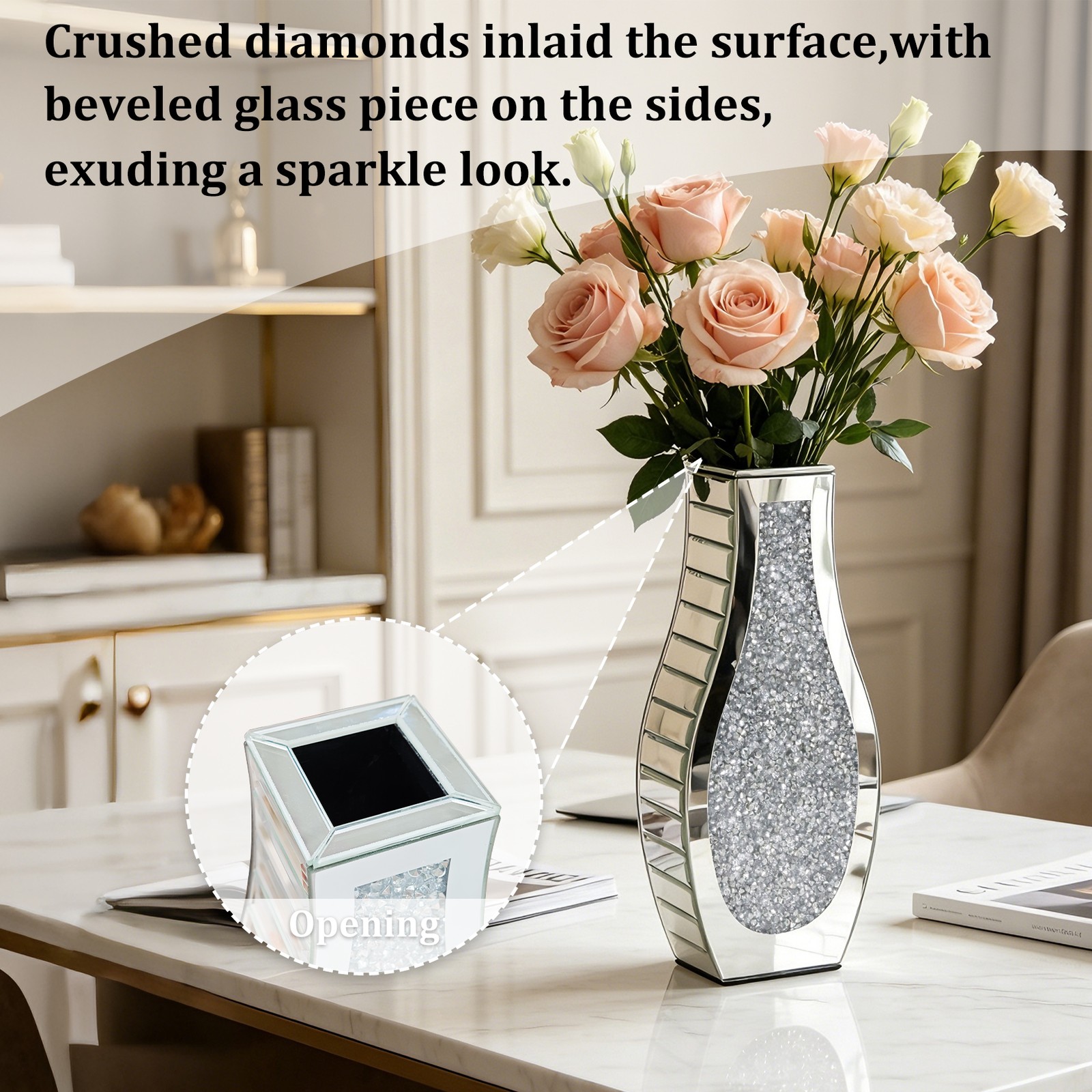 Crushed Diamond Mirrored Flower Vase Decorative Crystal Silver Glass Table Vase