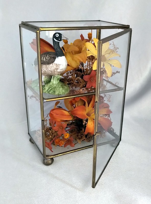 Lot (2) Vintage Octagon/Rectangle Glass Boxes w/ Dried Fall Floral Arrangements