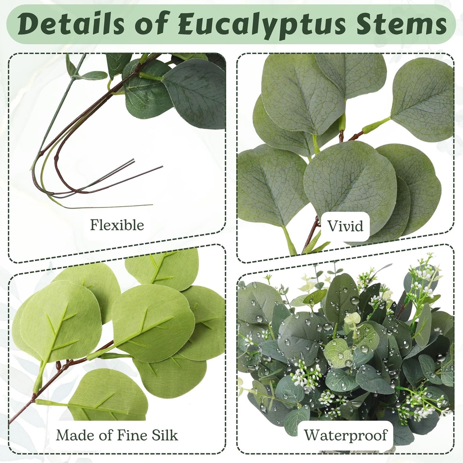 Eucalyptus Leaves Stems 150 PCS, 4 Kinds Mixed Artificial Greenery Stems for