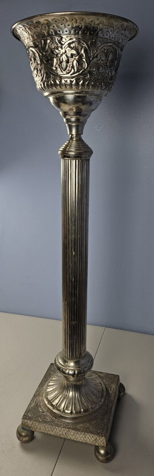 Indian Silver Lacquered Brass Ornate Decorative Floral Flower Basin Stand 29.5″