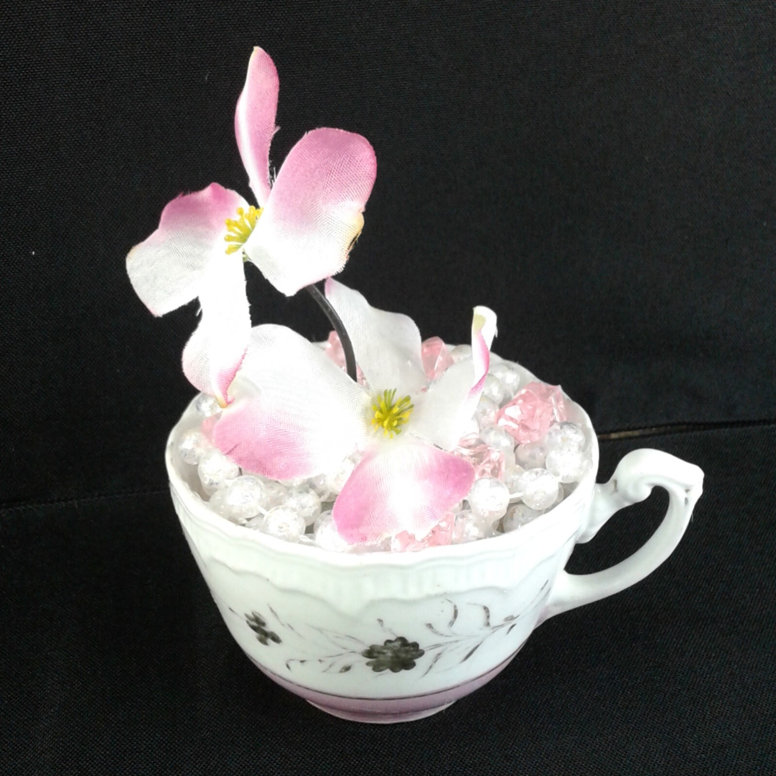 Pink Dogwood Floral Decor Chic Rustic Teacup Pearls Pink Gems Original Gift 1465