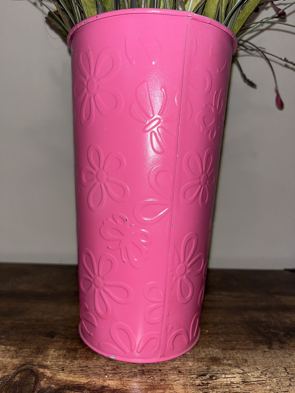 Artificial Purple Pink Flower Arrangement, Pink 9” Metal Vase Planter Home Decor