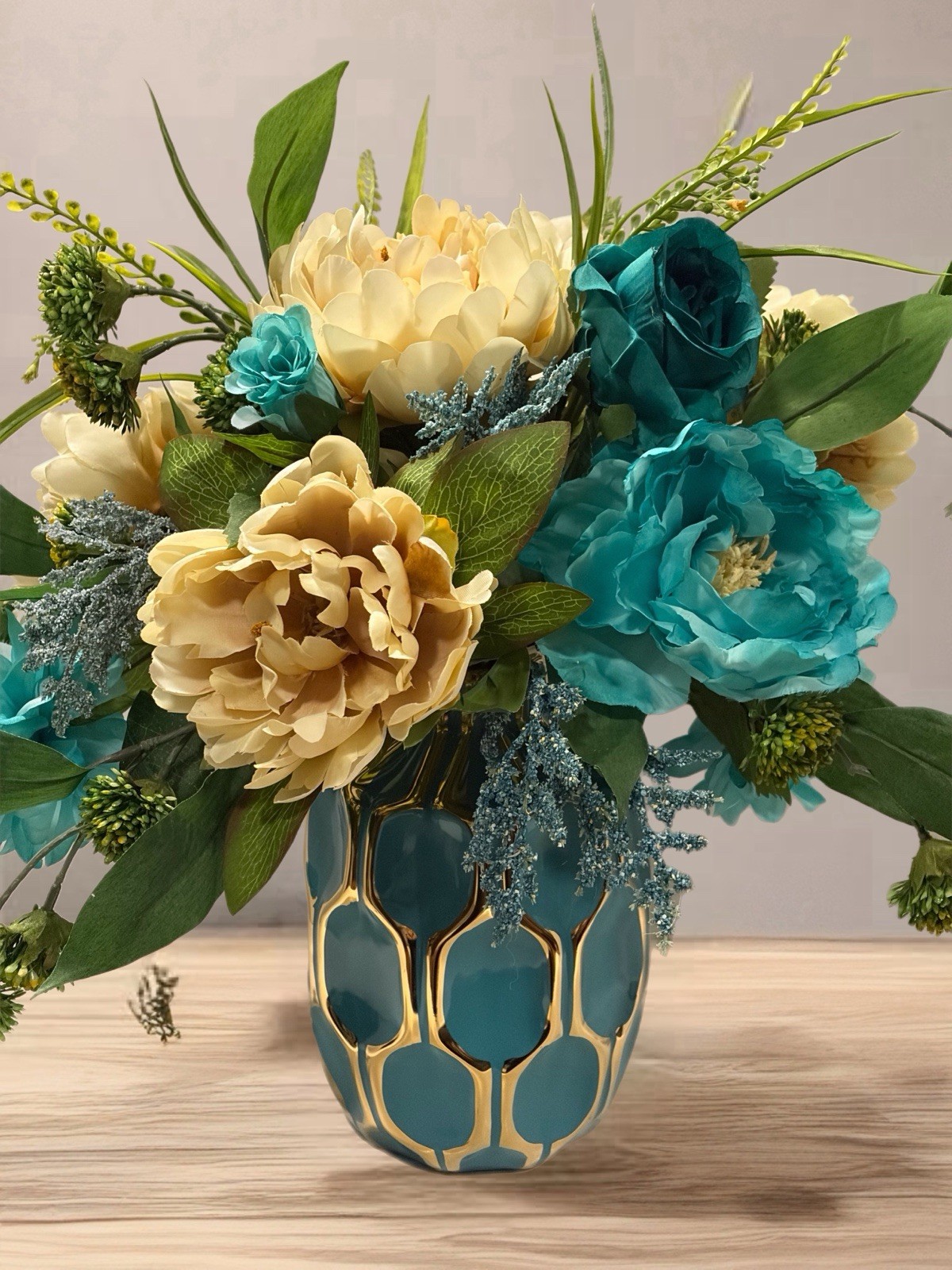 Floral Arrangement Turquoise And Ivory In Turquoise & Gold Vase Modern 18”x16”