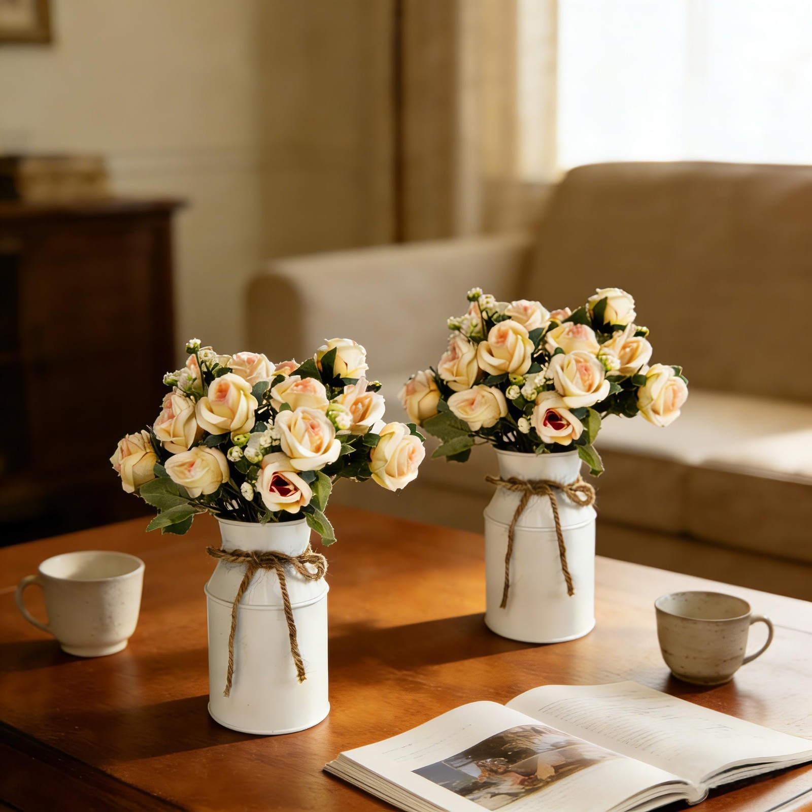 Farmhouse Faux Rose Flower Arrangements – Set of 6 for Table Centerpieces, Home