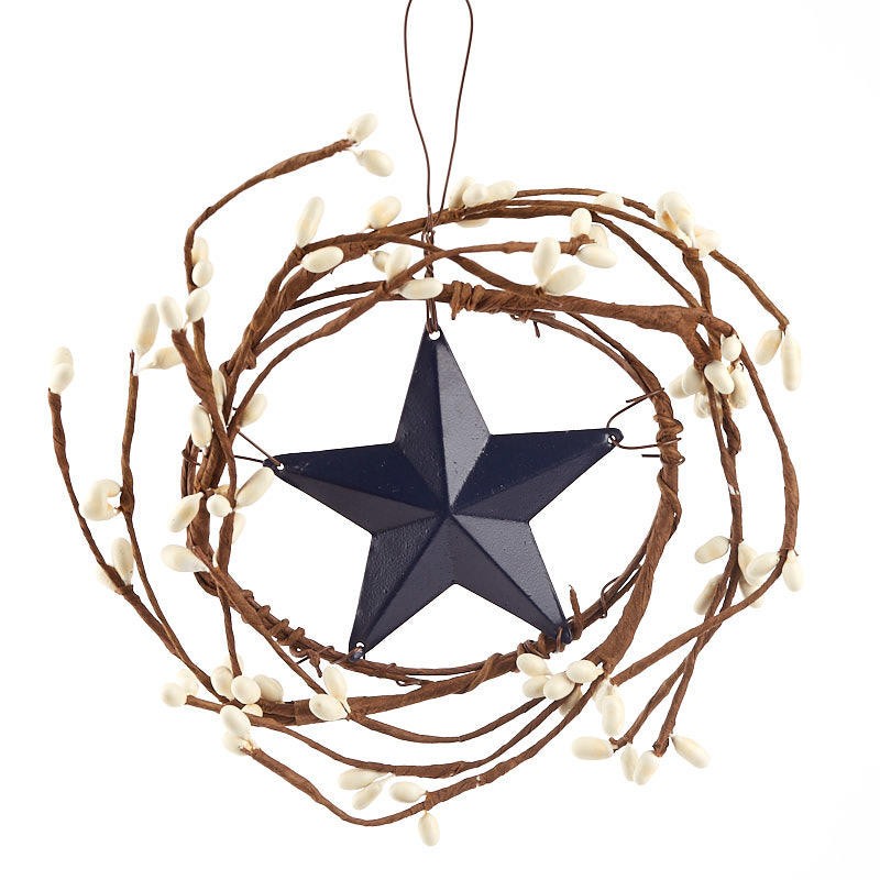 Set of 4 Navy Blue Barn Star and Cream Pip Berry 4-1/2″ Wreaths