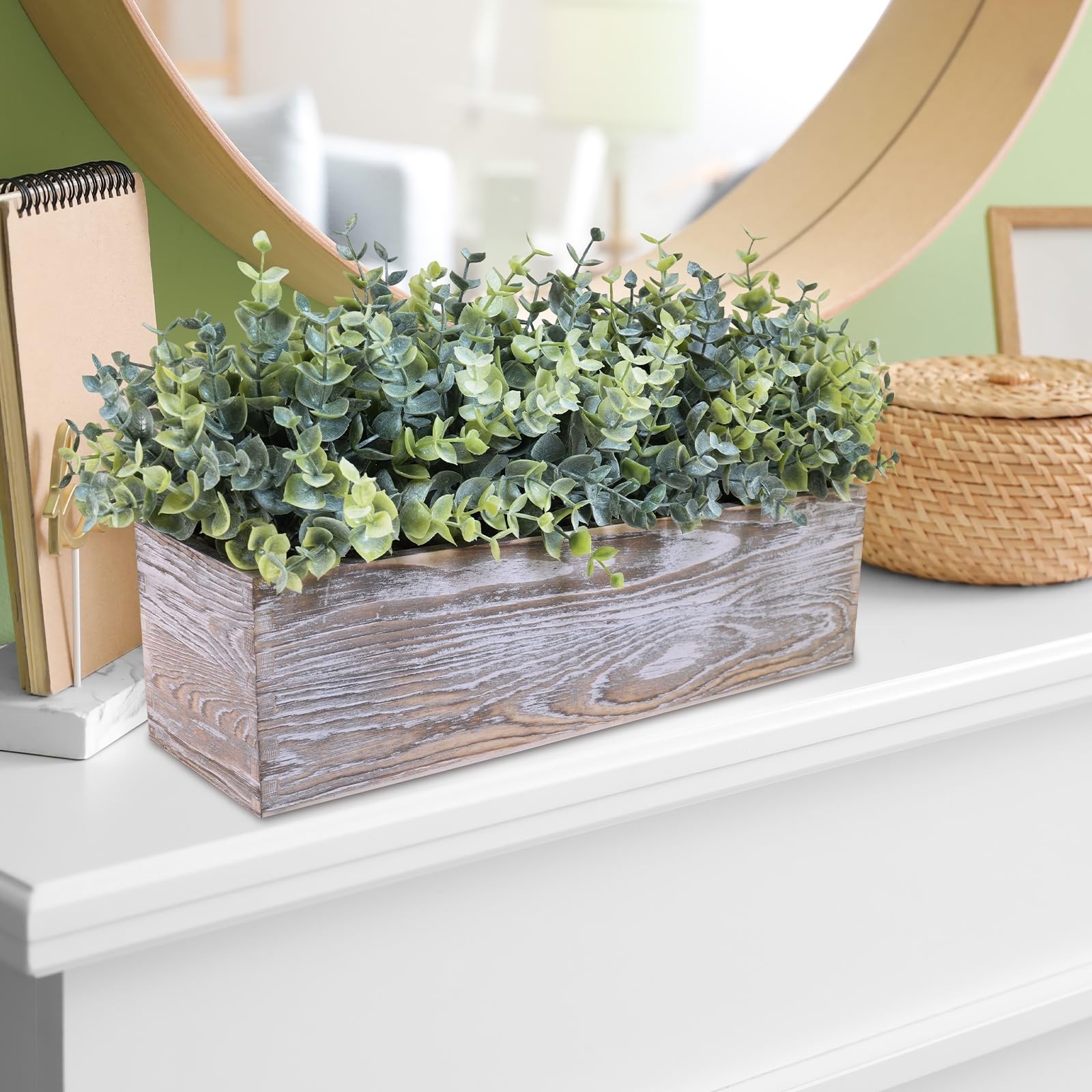 14″ Faux Eucalyptus Plant in Rustic Wooden Planter Box – Home Wedding Centerpiec