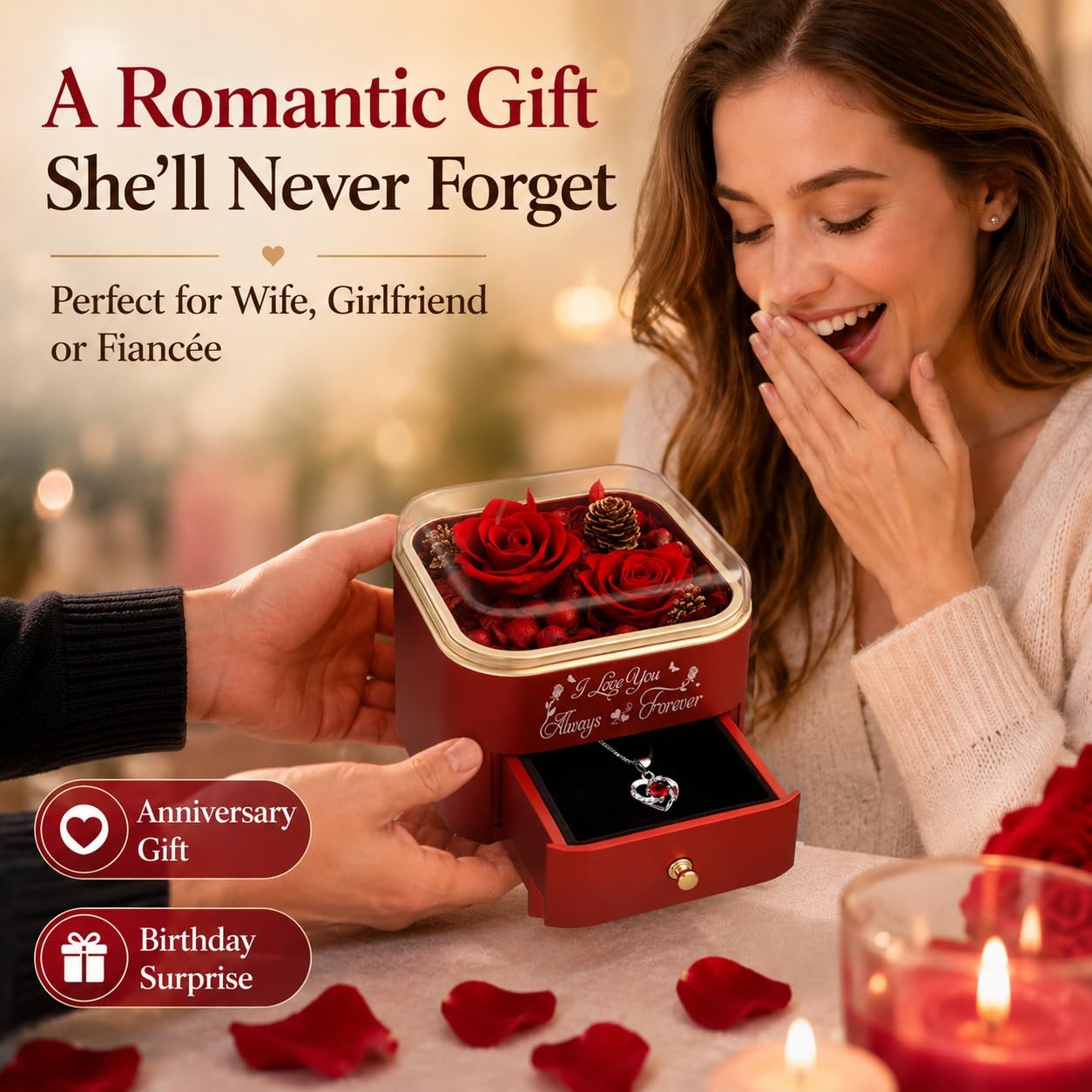 Forever Preserved Rose Gift Box with Hidden Necklace, Romantic Flower Jewelry…
